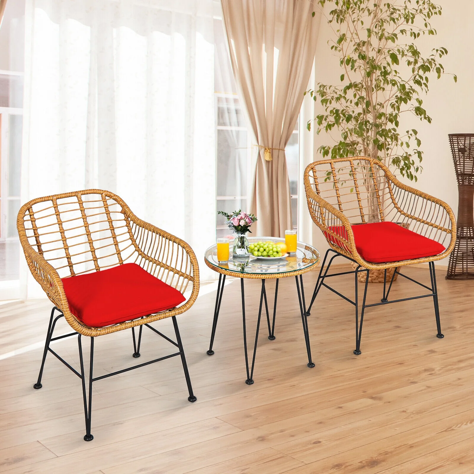 3 Piece Rattan Furniture Set, Cushioned Chair Table, Red - Image 7