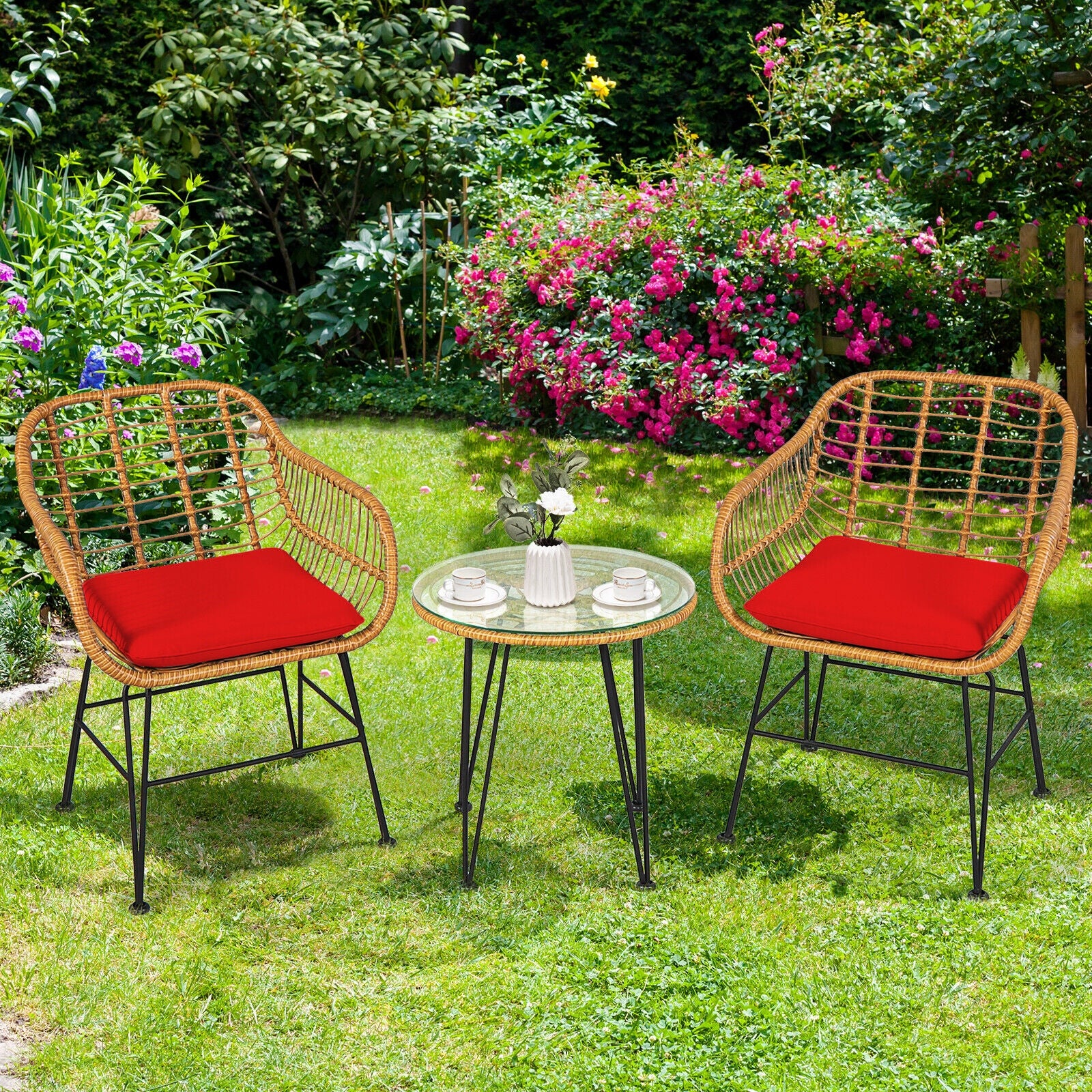 3 Piece Rattan Furniture Set, Cushioned Chair Table, Red - Image 8