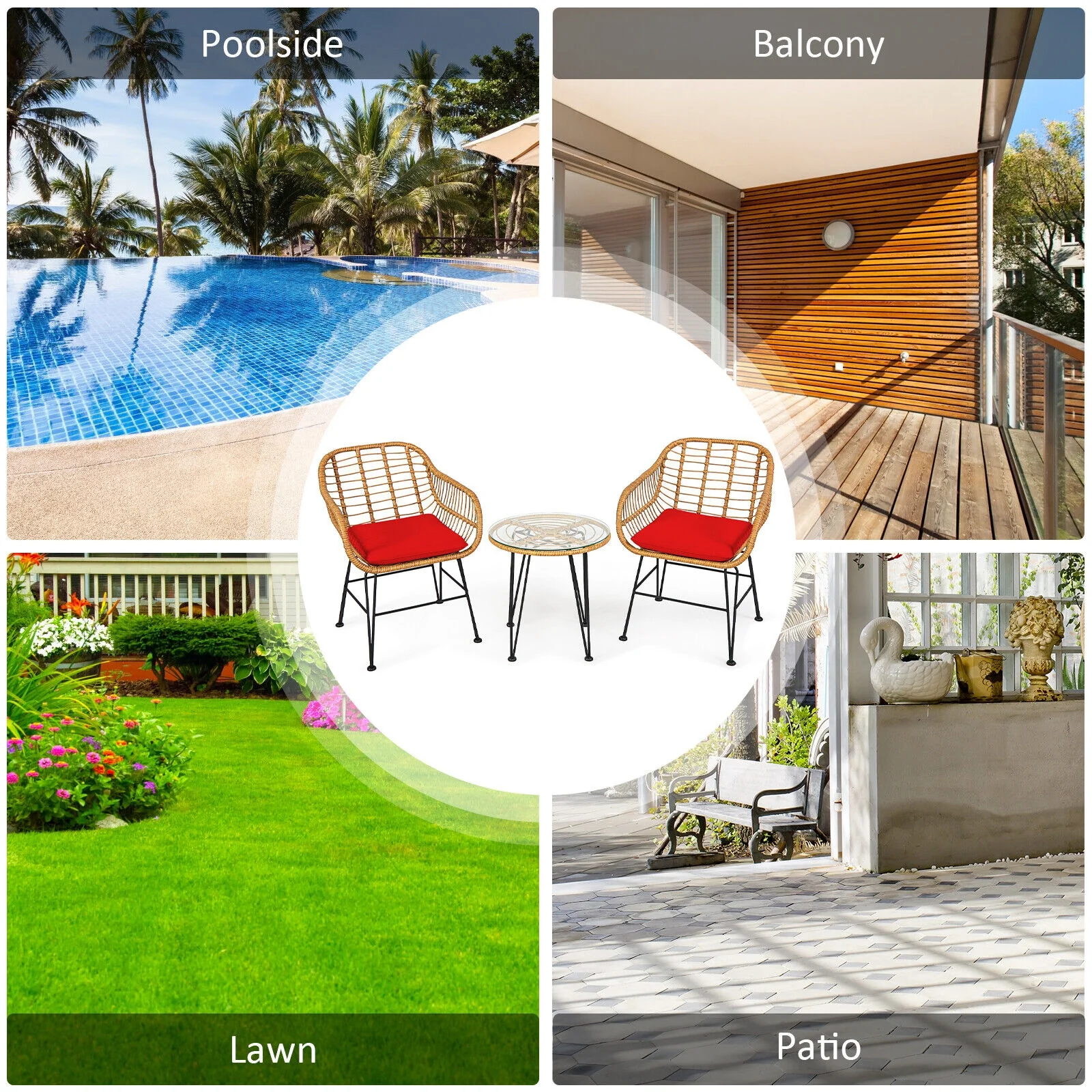 3 Piece Rattan Furniture Set, Cushioned Chair Table, Red - Image 9