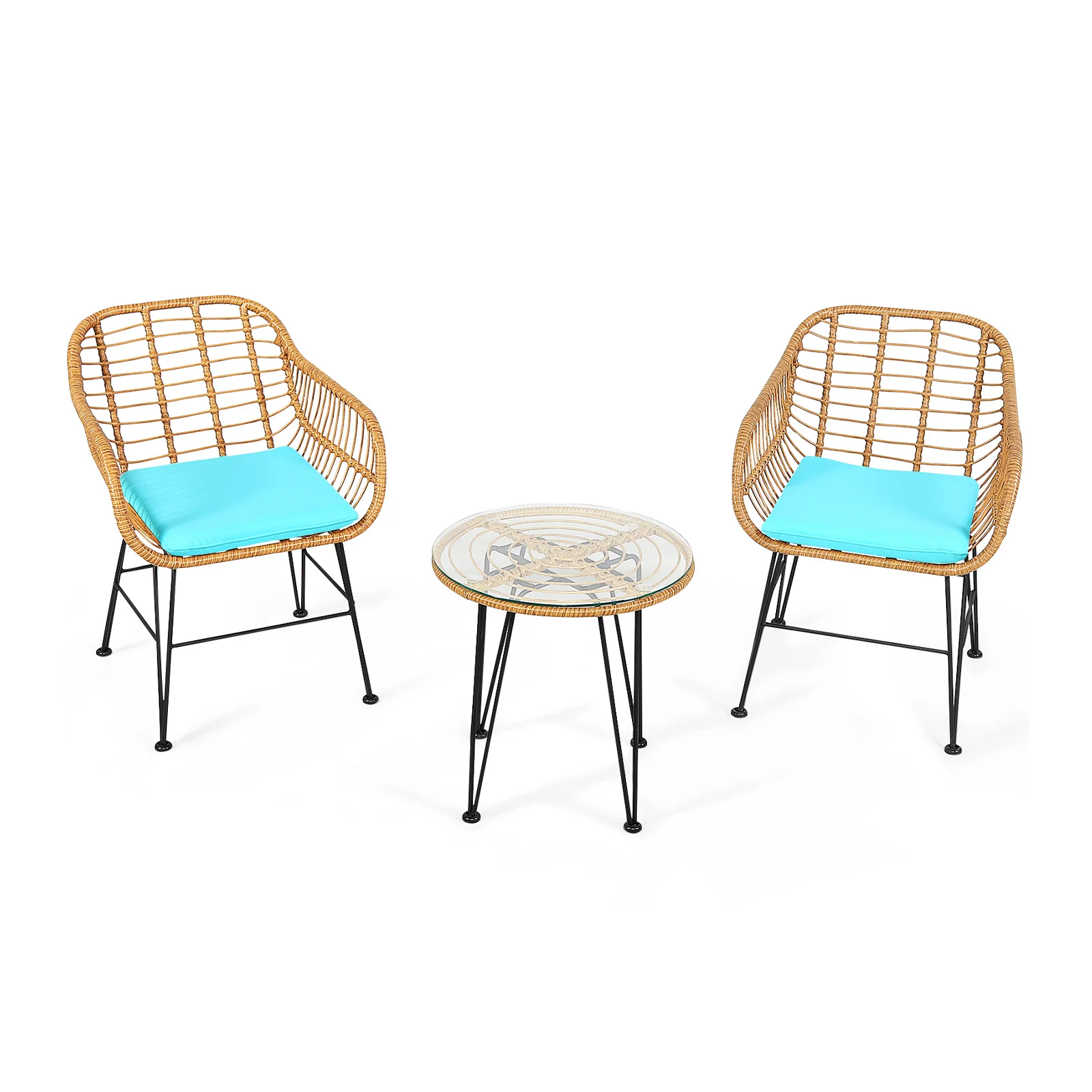 3 Piece Rattan Furniture Set, Cushioned Chair Table, Turquoise