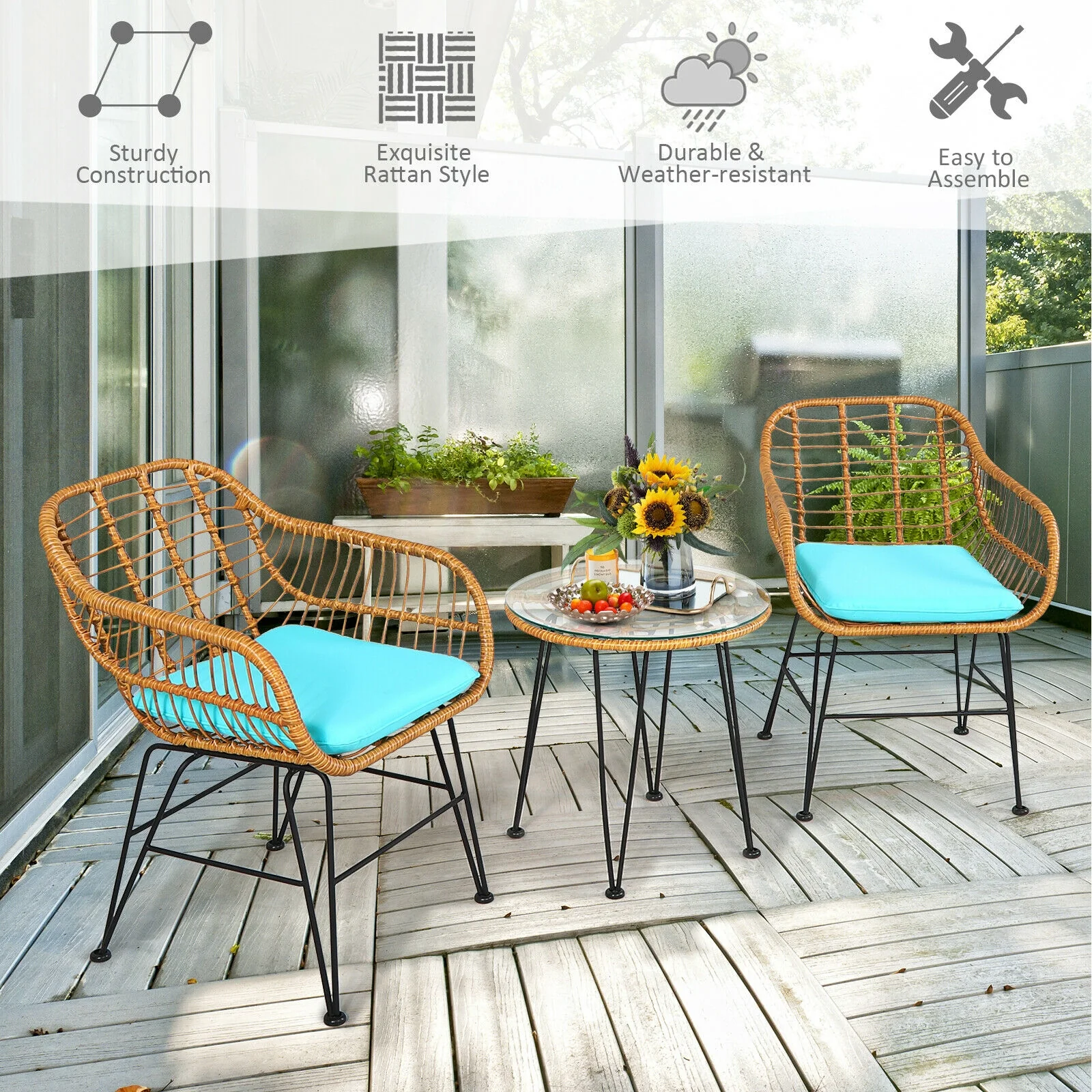 3 Piece Rattan Furniture Set, Cushioned Chair Table, Turquoise - Image 10