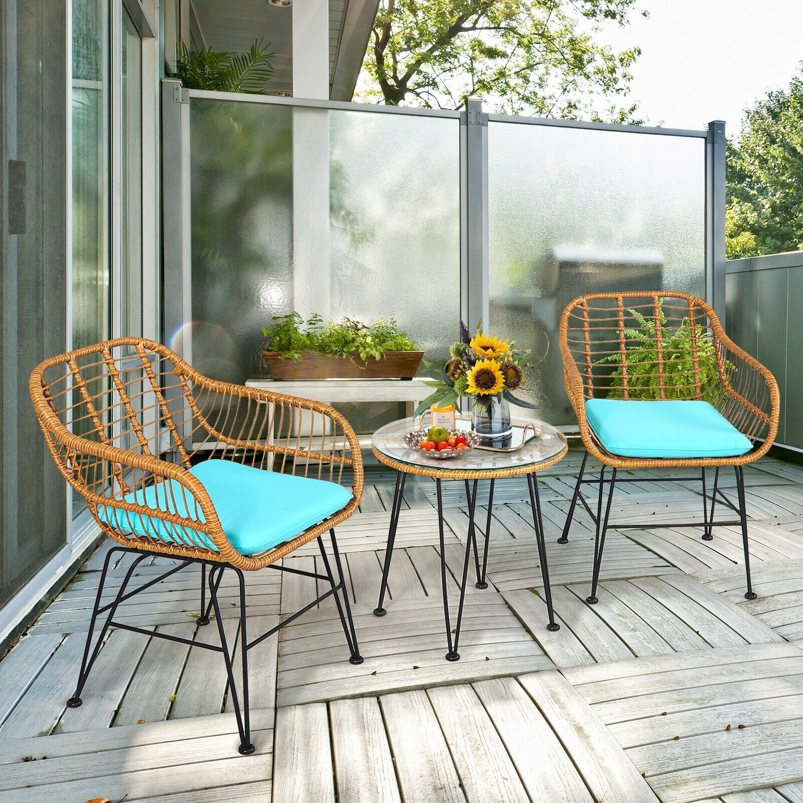 3 Piece Rattan Furniture Set, Cushioned Chair Table, Turquoise - Image 2