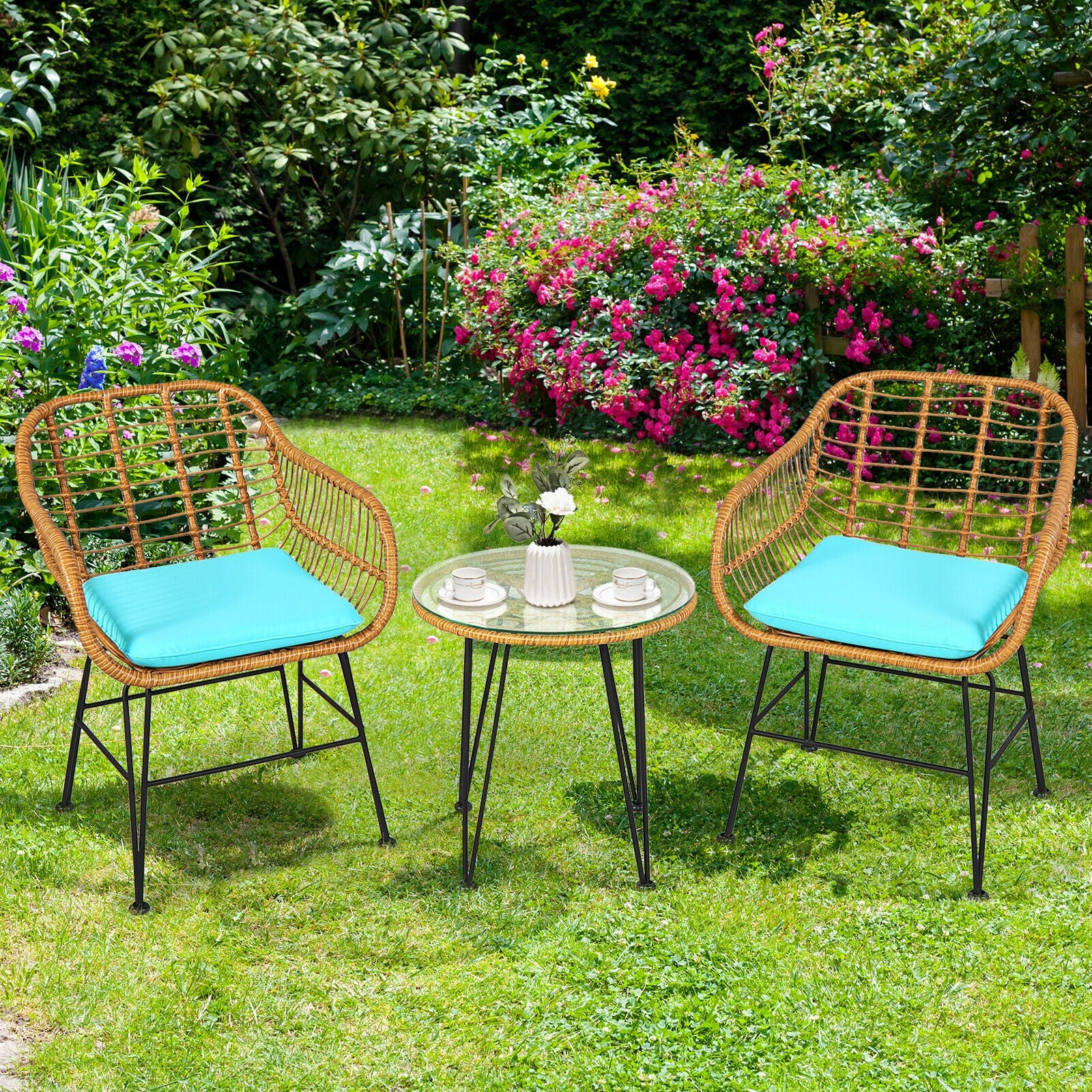 3 Piece Rattan Furniture Set, Cushioned Chair Table, Turquoise - Image 3