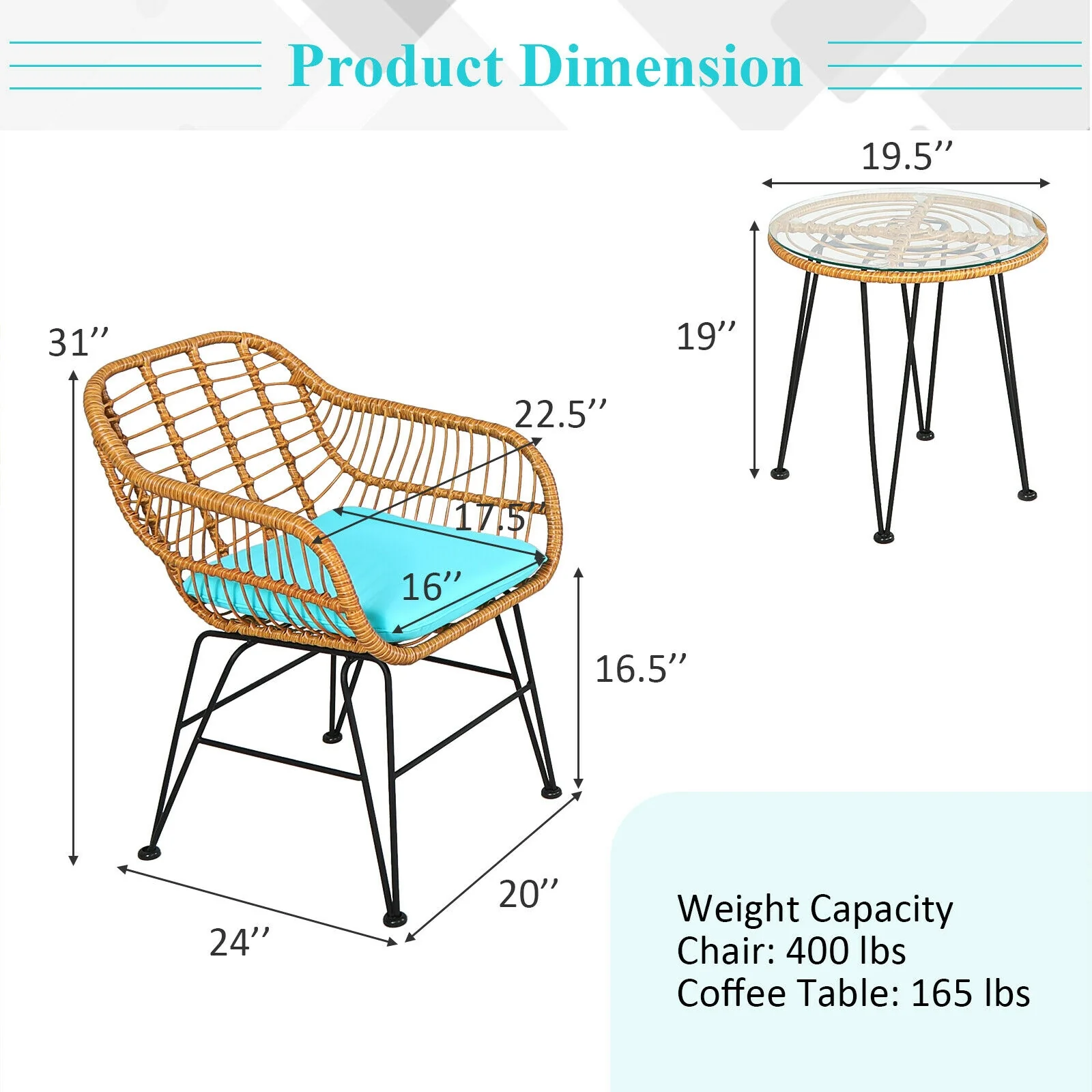 3 Piece Rattan Furniture Set, Cushioned Chair Table, Turquoise - Image 5