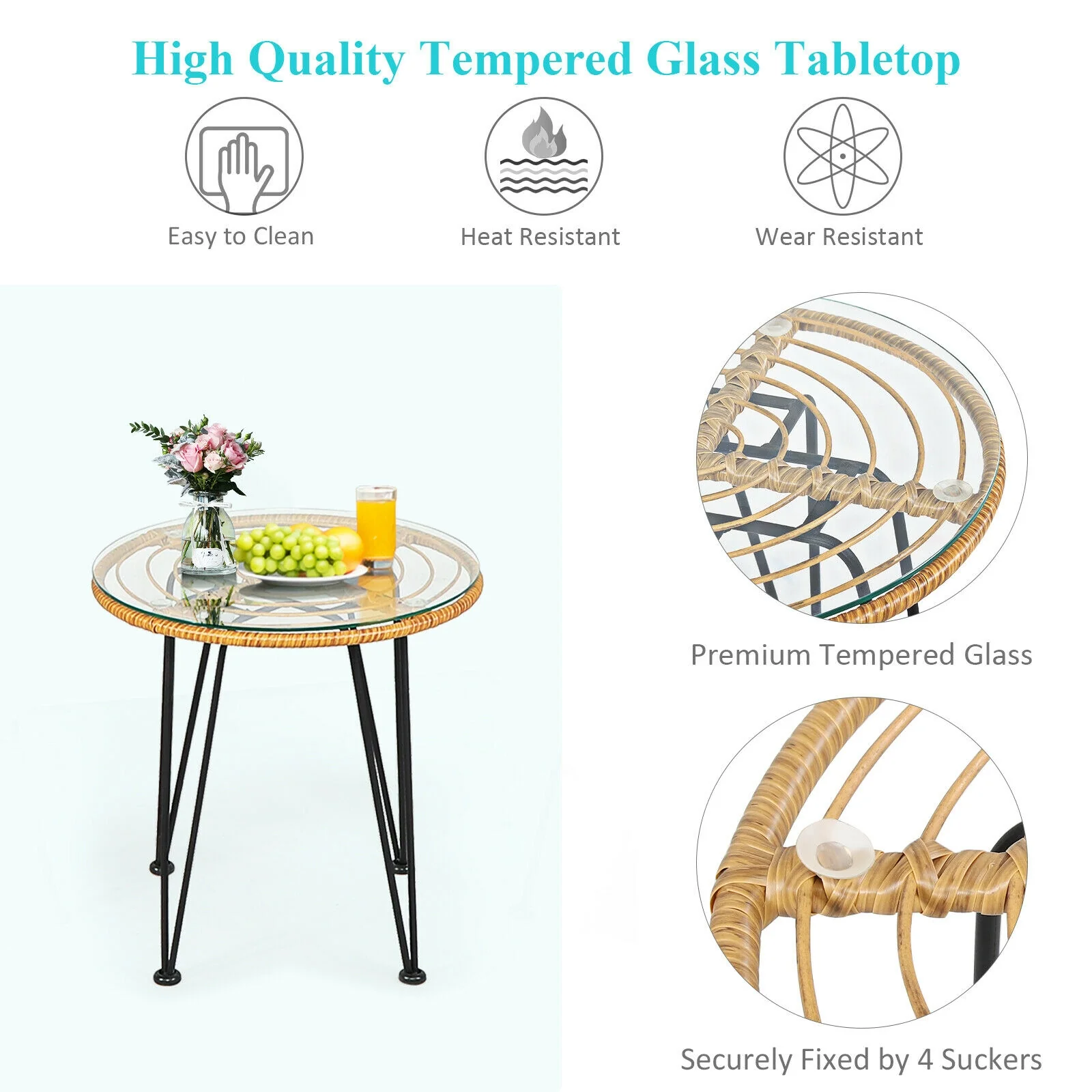 3 Piece Rattan Furniture Set, Cushioned Chair Table, Turquoise - Image 6