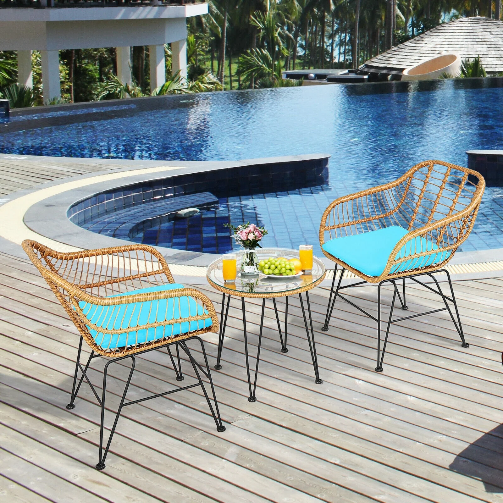 3 Piece Rattan Furniture Set, Cushioned Chair Table, Turquoise - Image 7