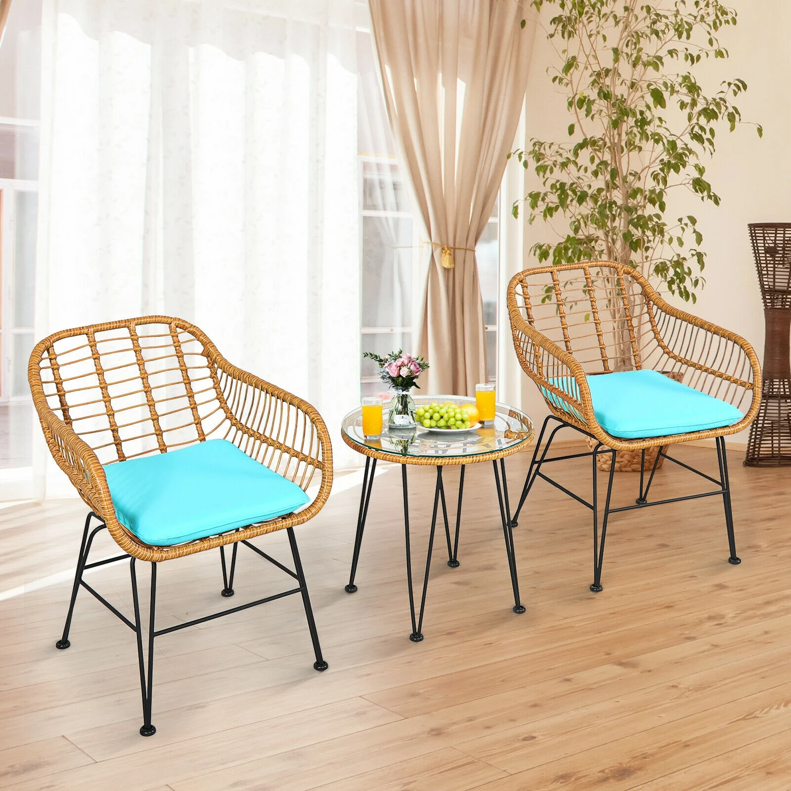3 Piece Rattan Furniture Set, Cushioned Chair Table, Turquoise - Image 8