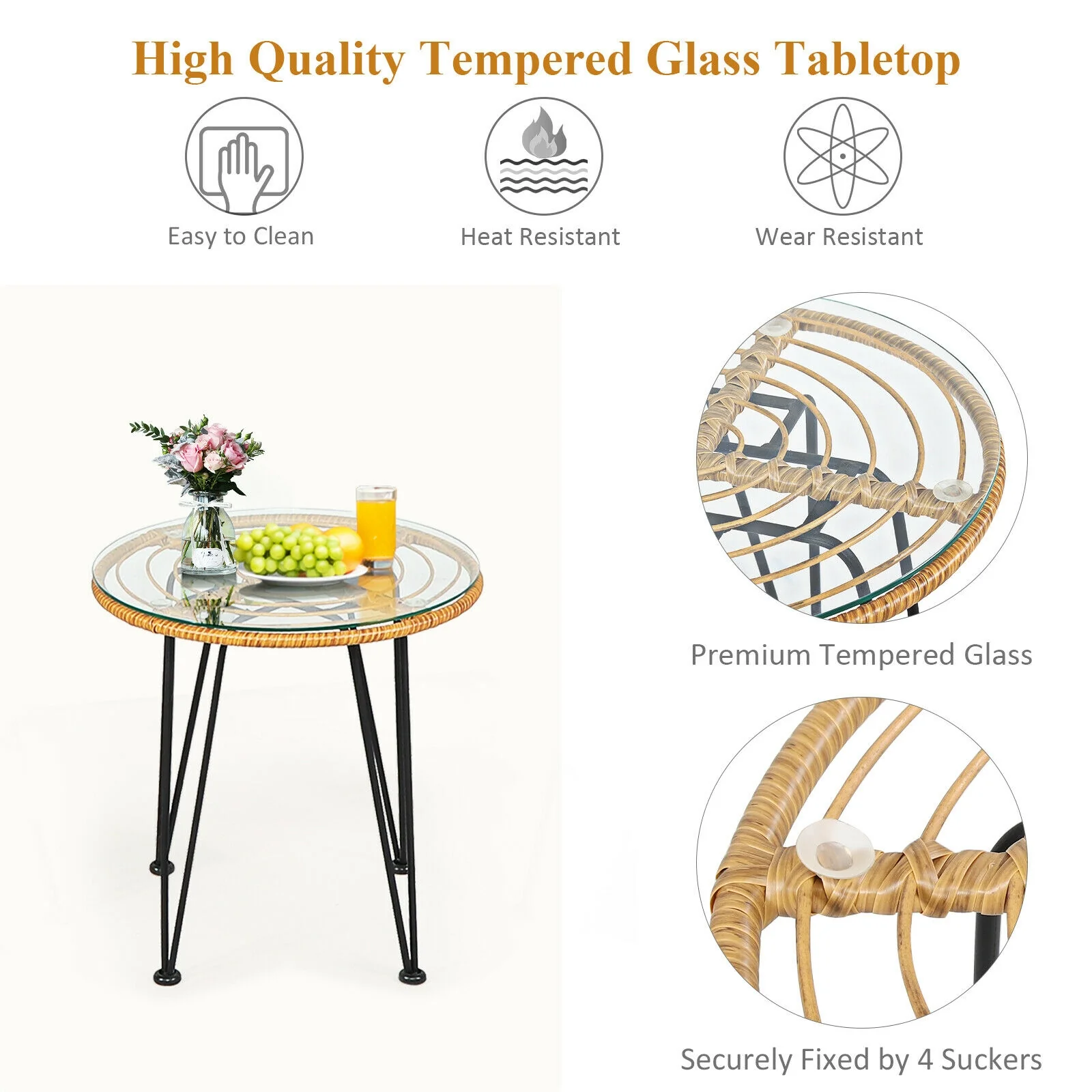 3 Piece Rattan Furniture Set, Cushioned Chair Table, White - Image 10