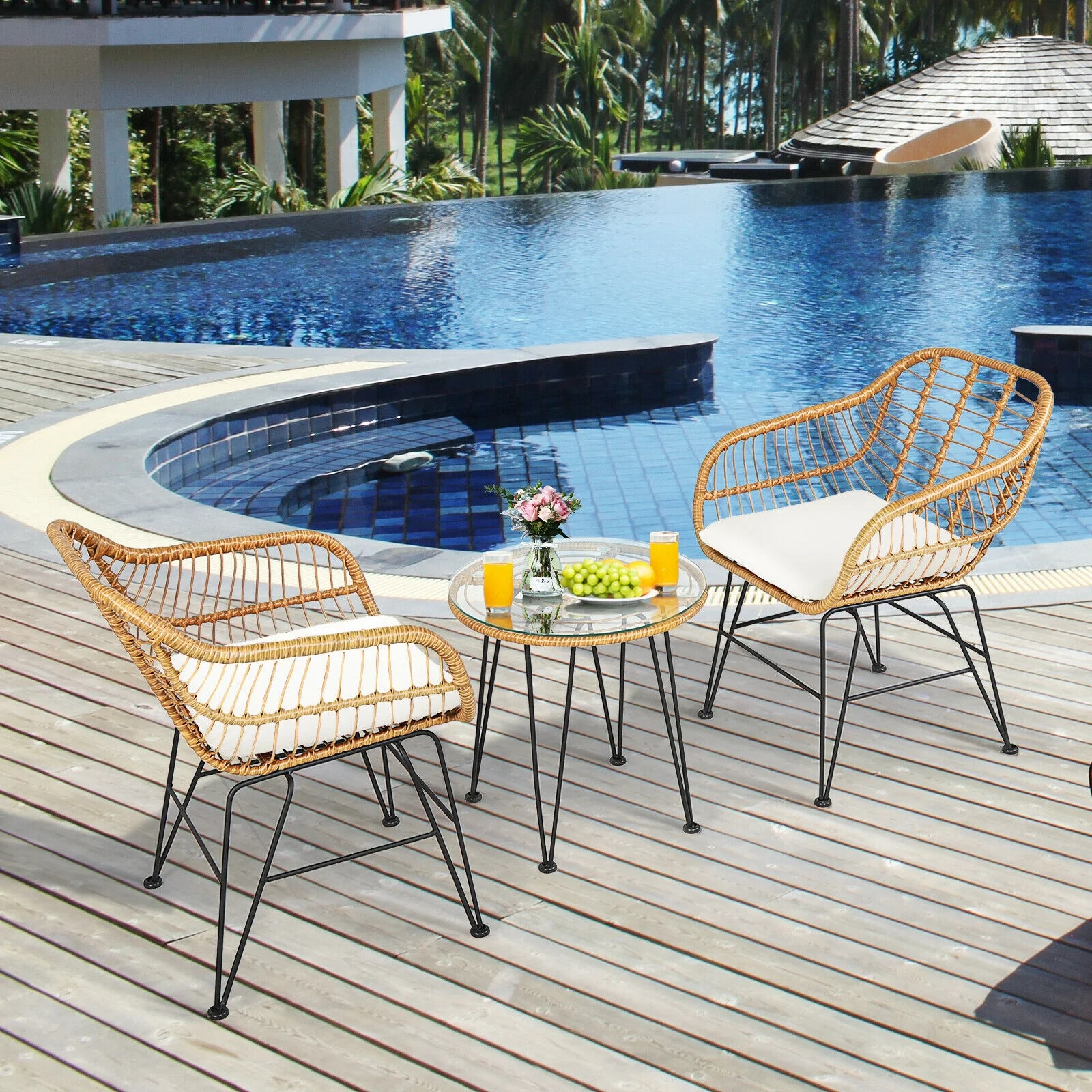 3 Piece Rattan Furniture Set, Cushioned Chair Table, White - Image 2