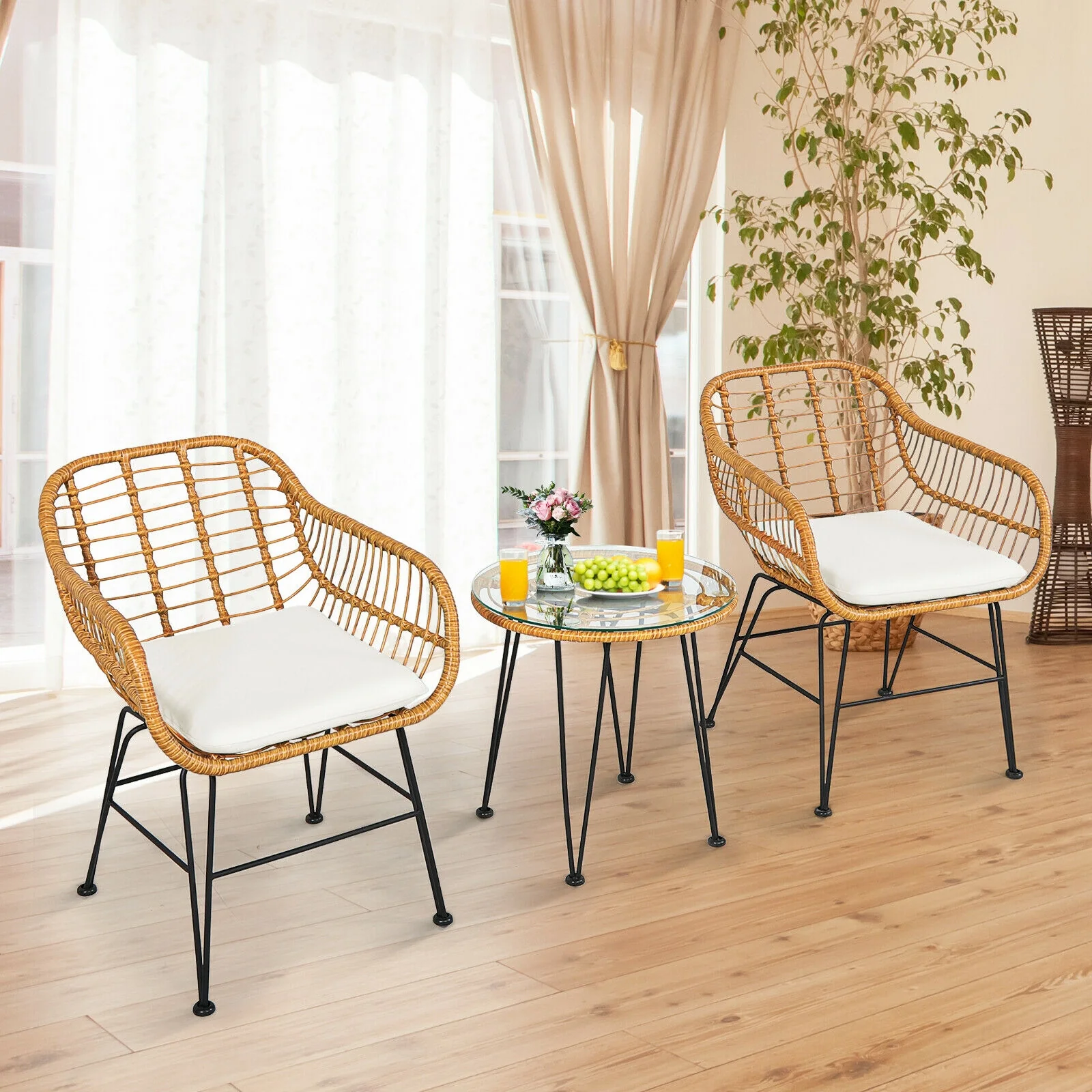 3 Piece Rattan Furniture Set, Cushioned Chair Table, White - Image 3