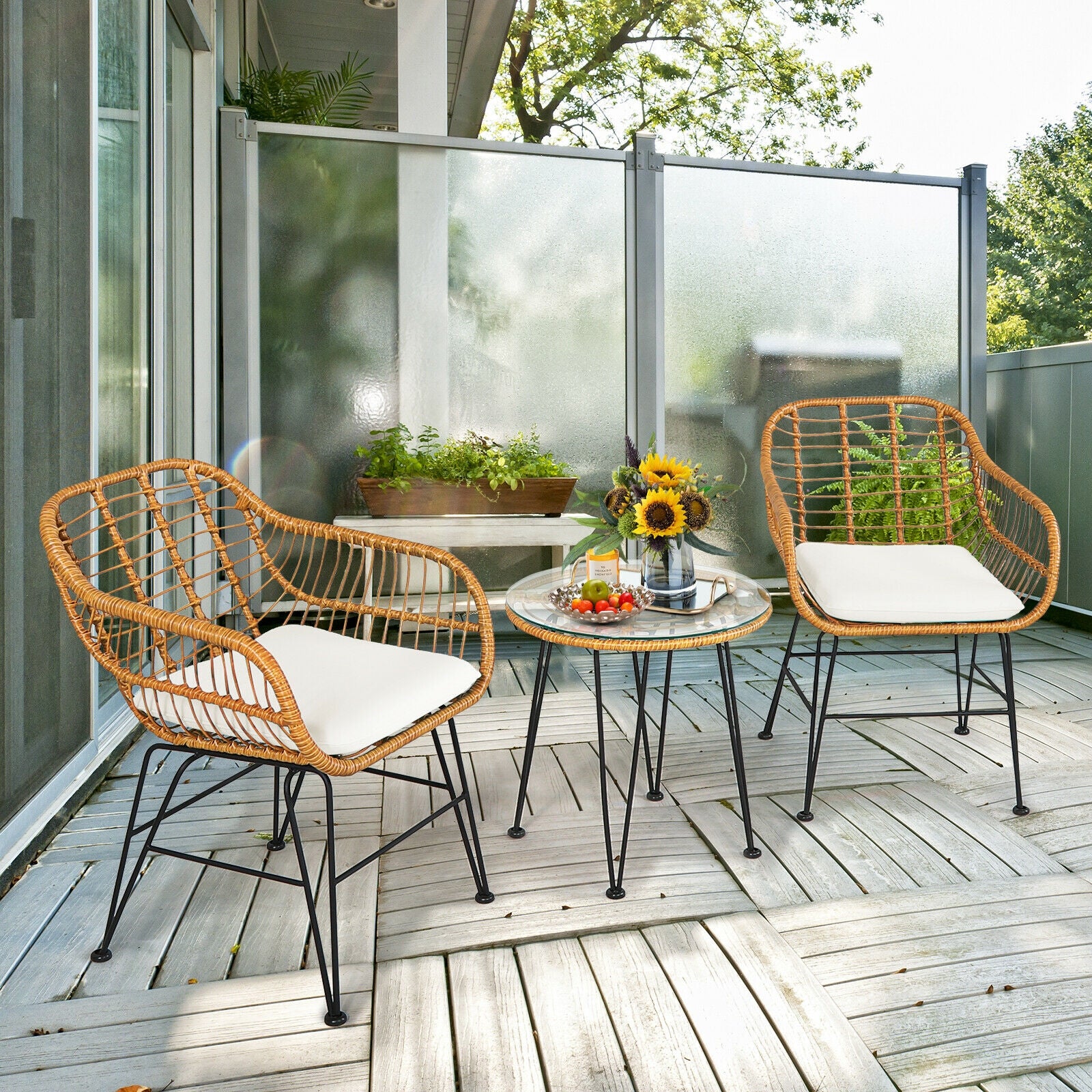 3 Piece Rattan Furniture Set, Cushioned Chair Table, White - Image 4