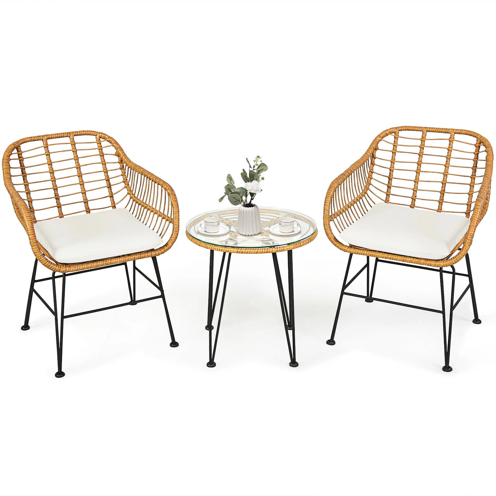 3 Piece Rattan Furniture Set, Cushioned Chair Table, White - Image 5