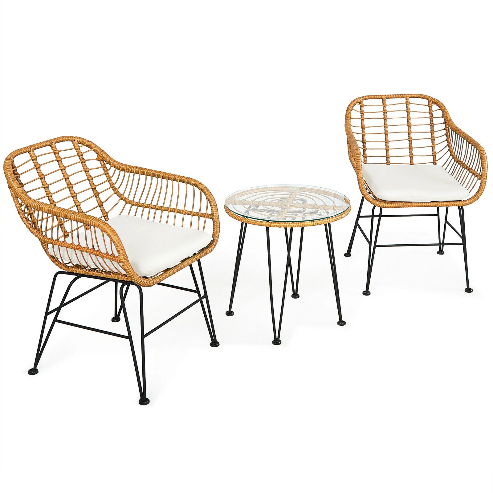 3 Piece Rattan Furniture Set, Cushioned Chair Table, White - Image 6