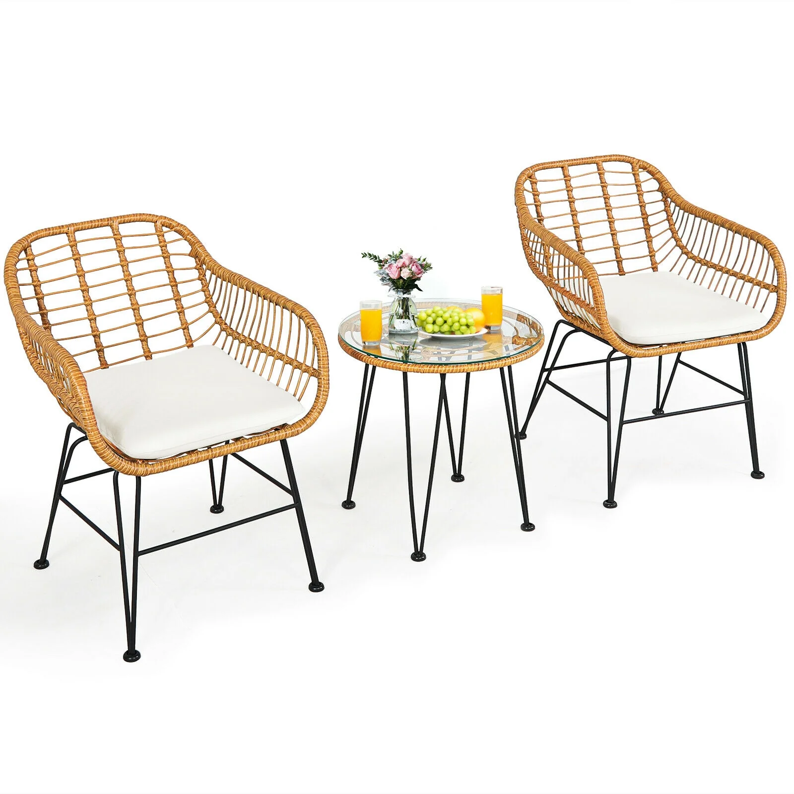 3 Piece Rattan Furniture Set, Cushioned Chair Table, White - Image 7