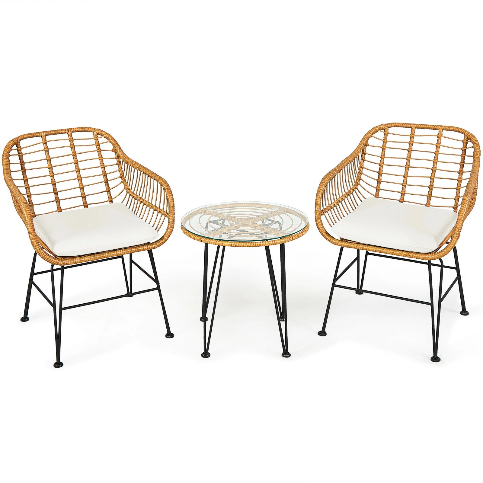 3 Piece Rattan Furniture Set, Cushioned Chair Table, White - Image 8