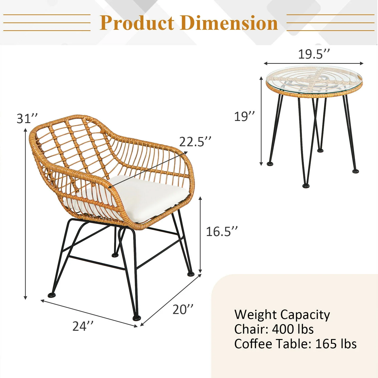3 Piece Rattan Furniture Set, Cushioned Chair Table, White - Image 9