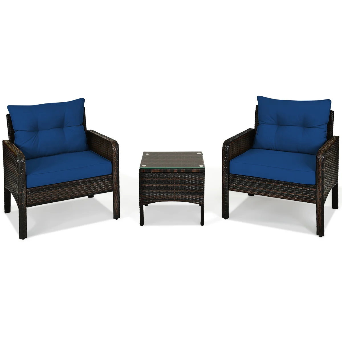 3 Piece Rattan Patio Conversation Set, With Seat Cushions, Navy