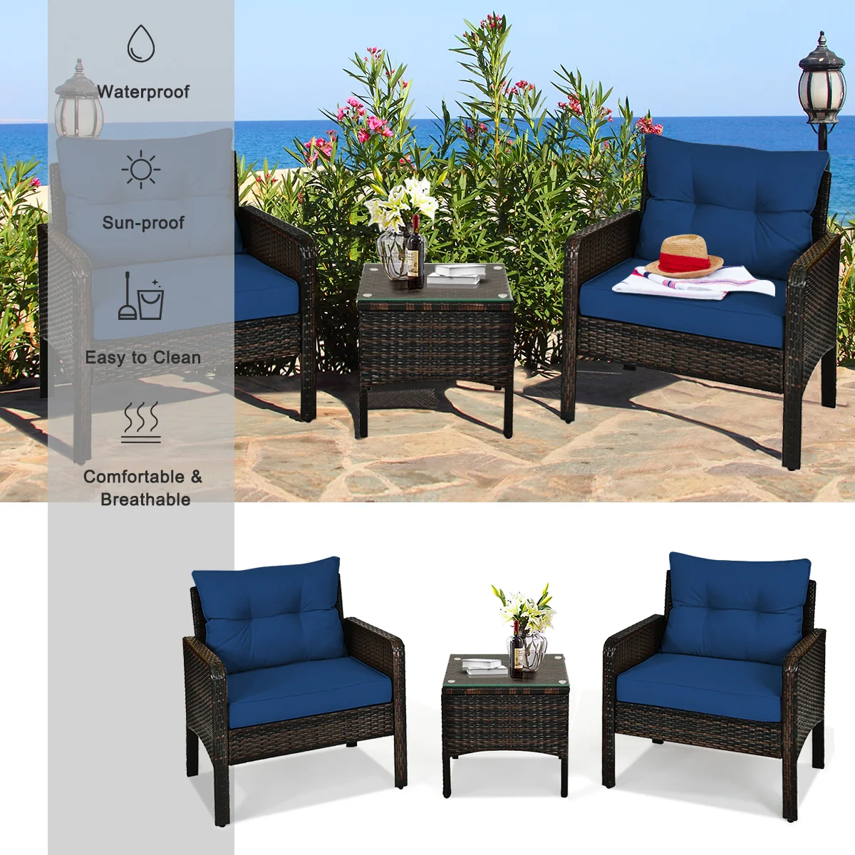 3 Piece Rattan Patio Conversation Set, With Seat Cushions, Navy - Image 3