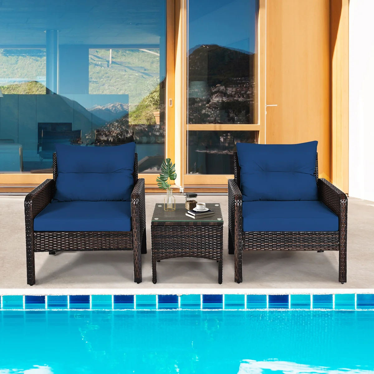 3 Piece Rattan Patio Conversation Set, With Seat Cushions, Navy - Image 8