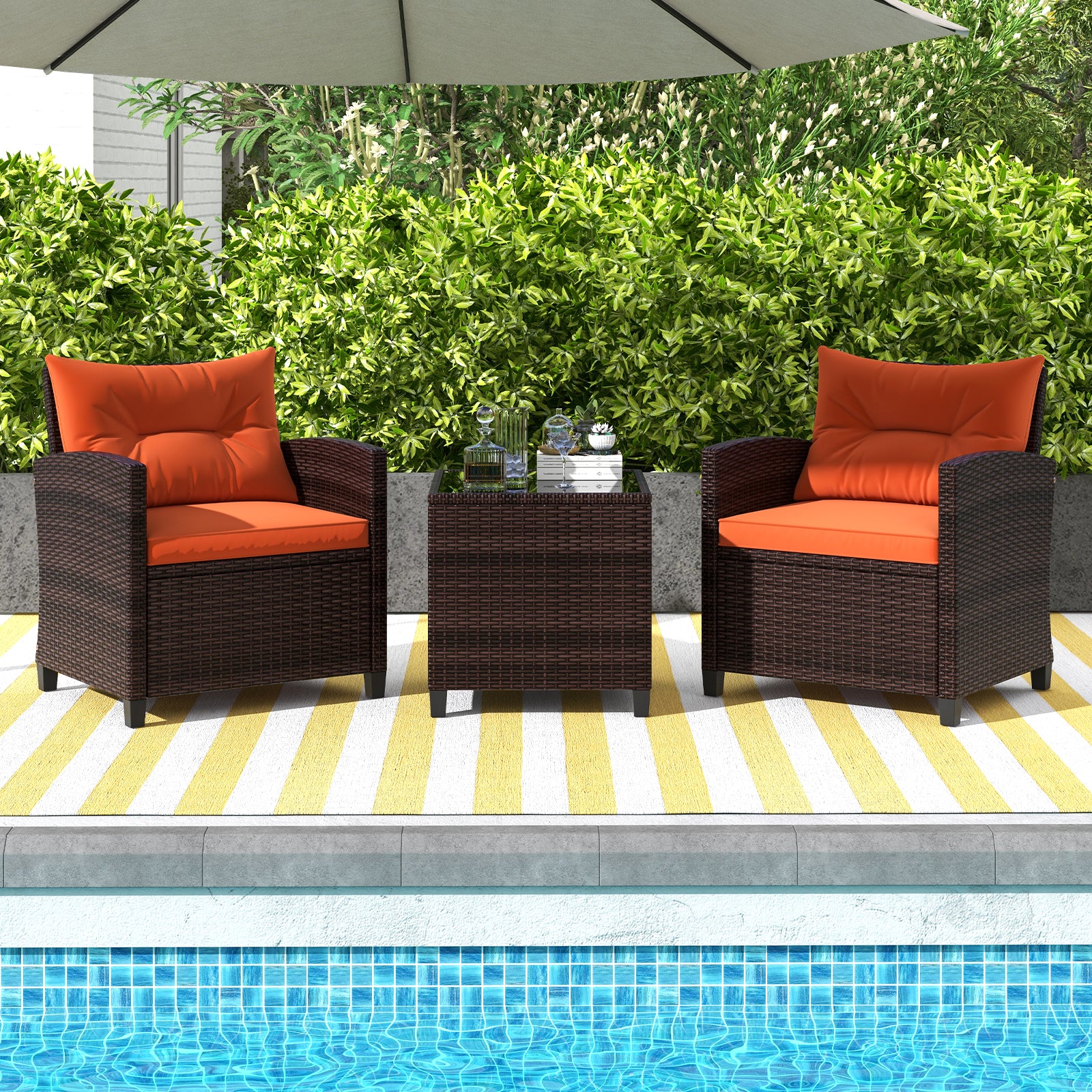 3 Piece Rattan Patio Furniture Set, Washable Cushion, Orange - Image 2
