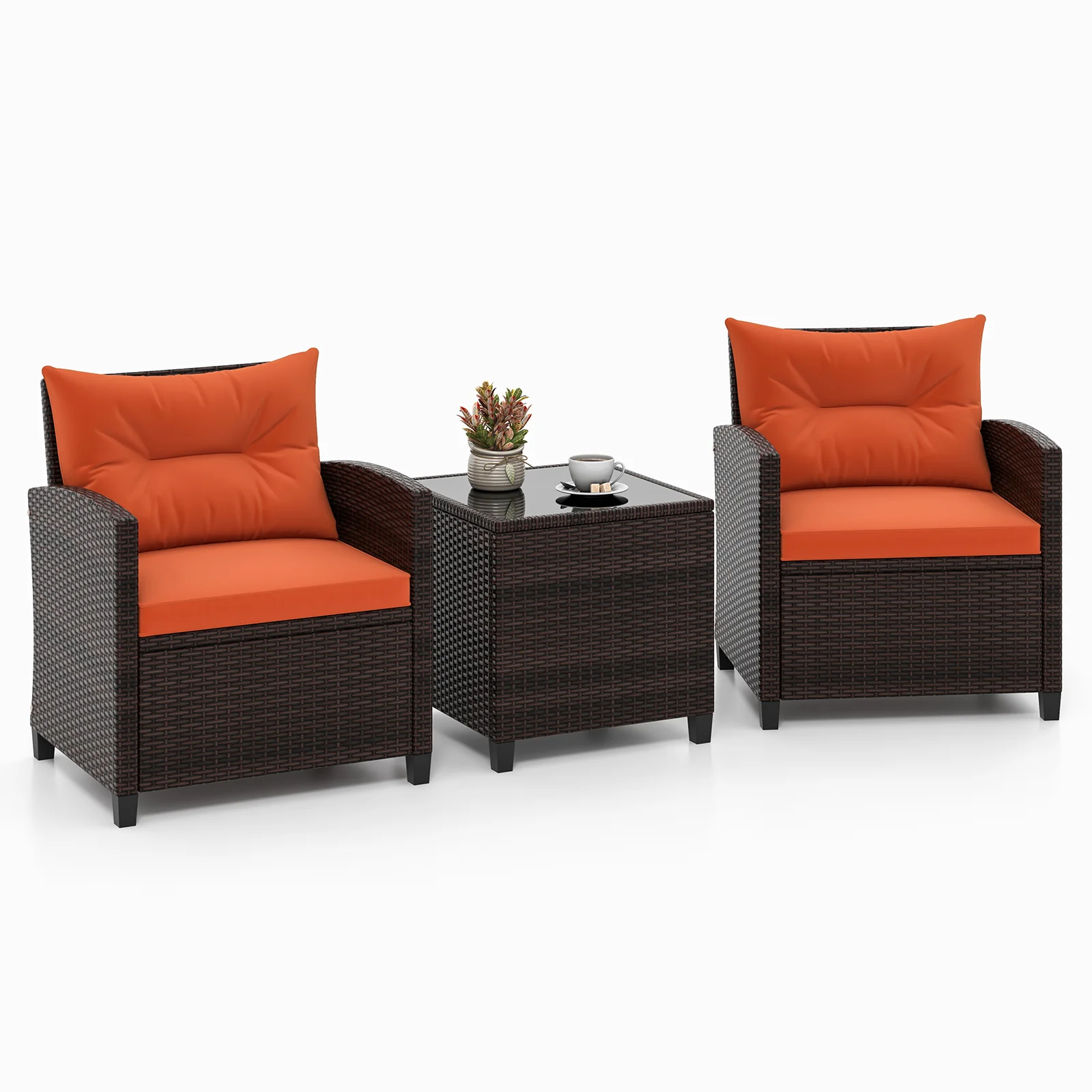 3 Piece Rattan Patio Furniture Set, Washable Cushion, Orange - Image 3