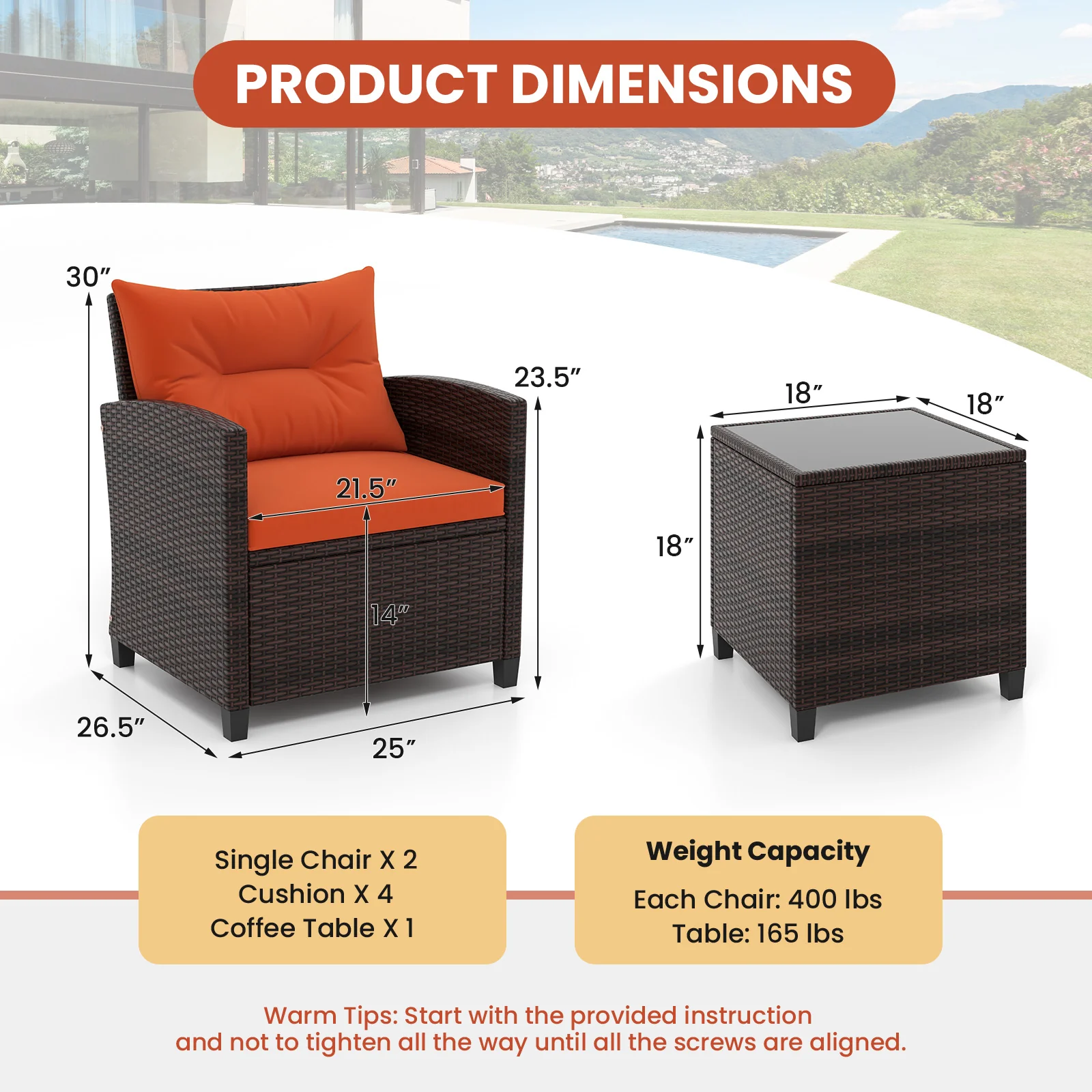 3 Piece Rattan Patio Furniture Set, Washable Cushion, Orange - Image 4
