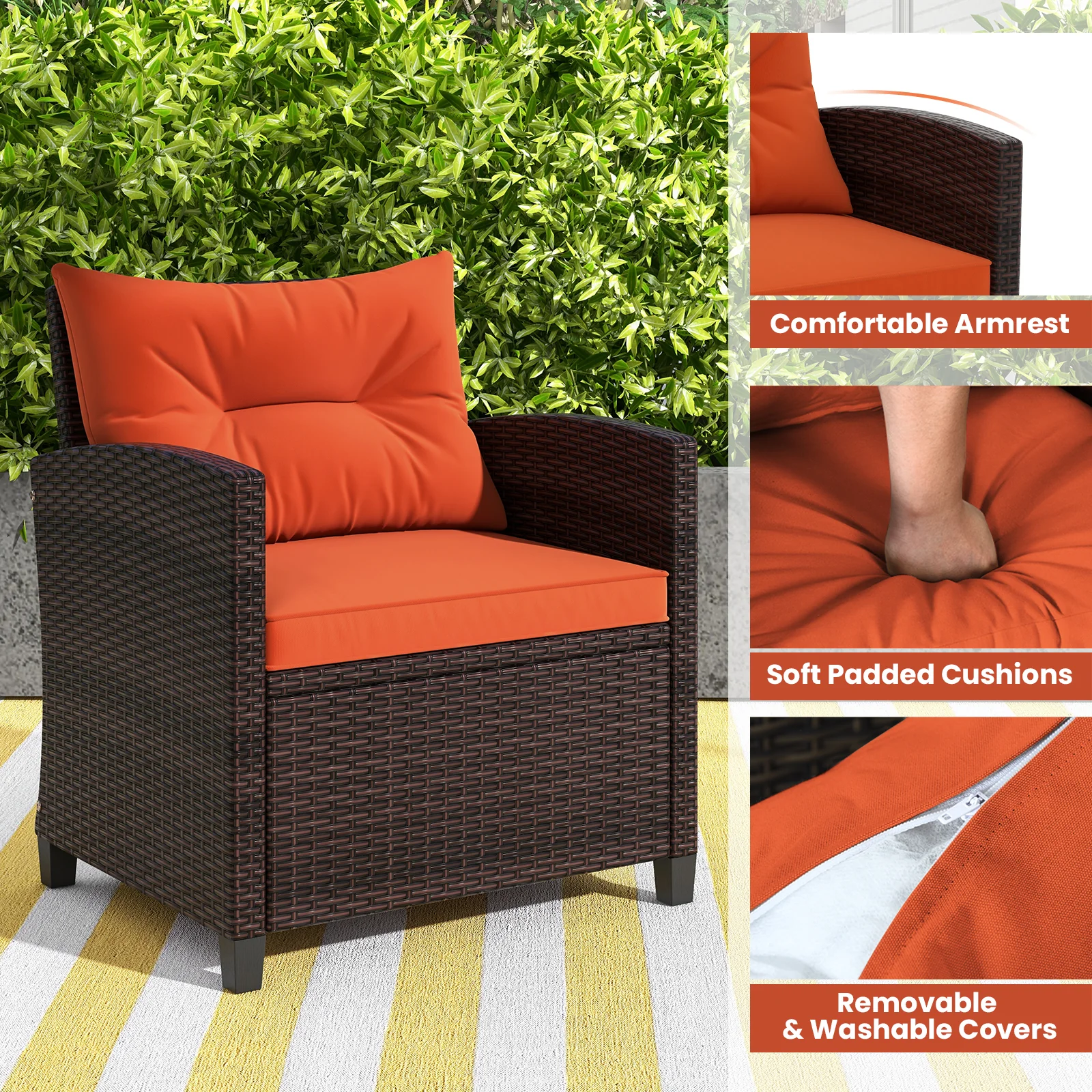 3 Piece Rattan Patio Furniture Set, Washable Cushion, Orange - Image 5