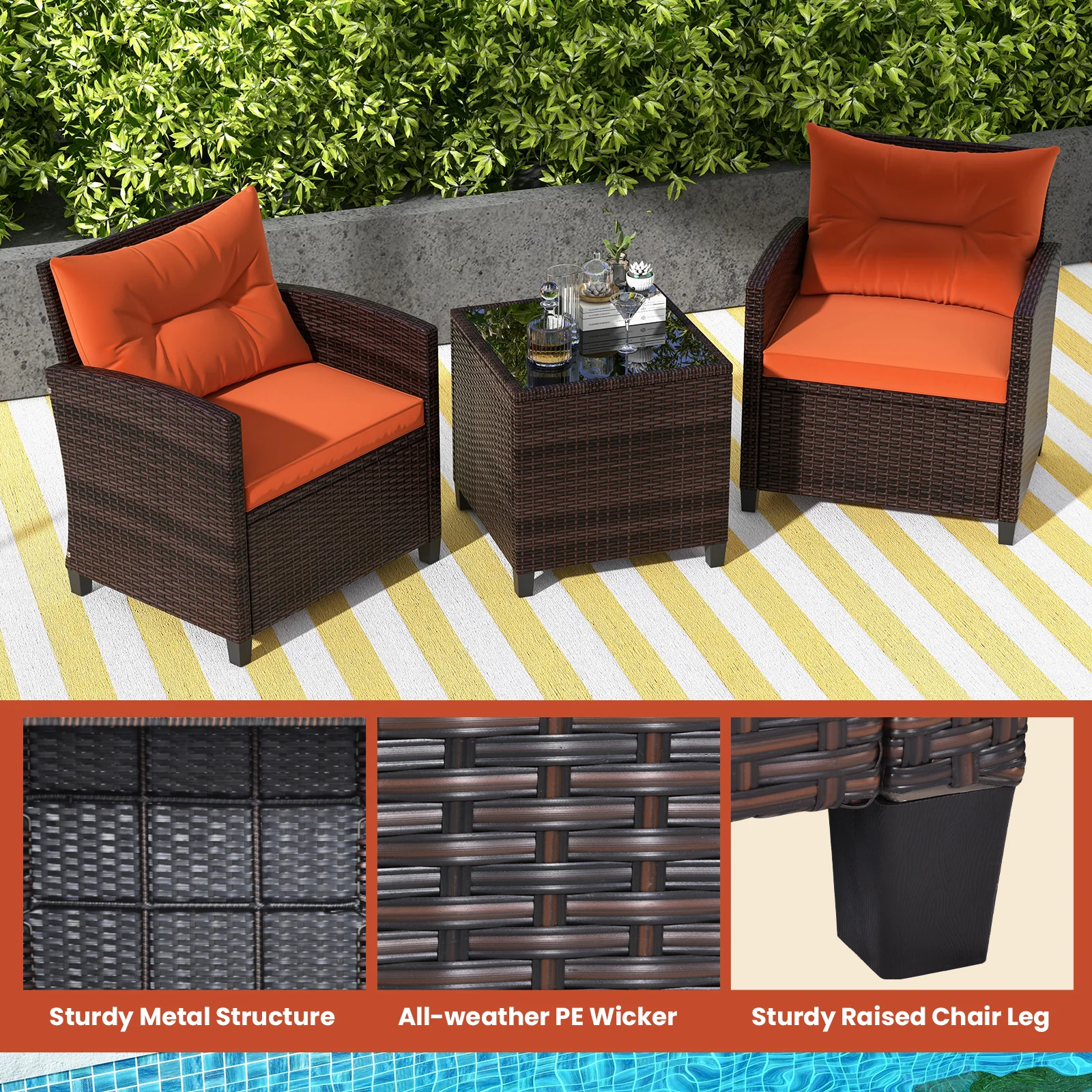 3 Piece Rattan Patio Furniture Set, Washable Cushion, Orange - Image 6