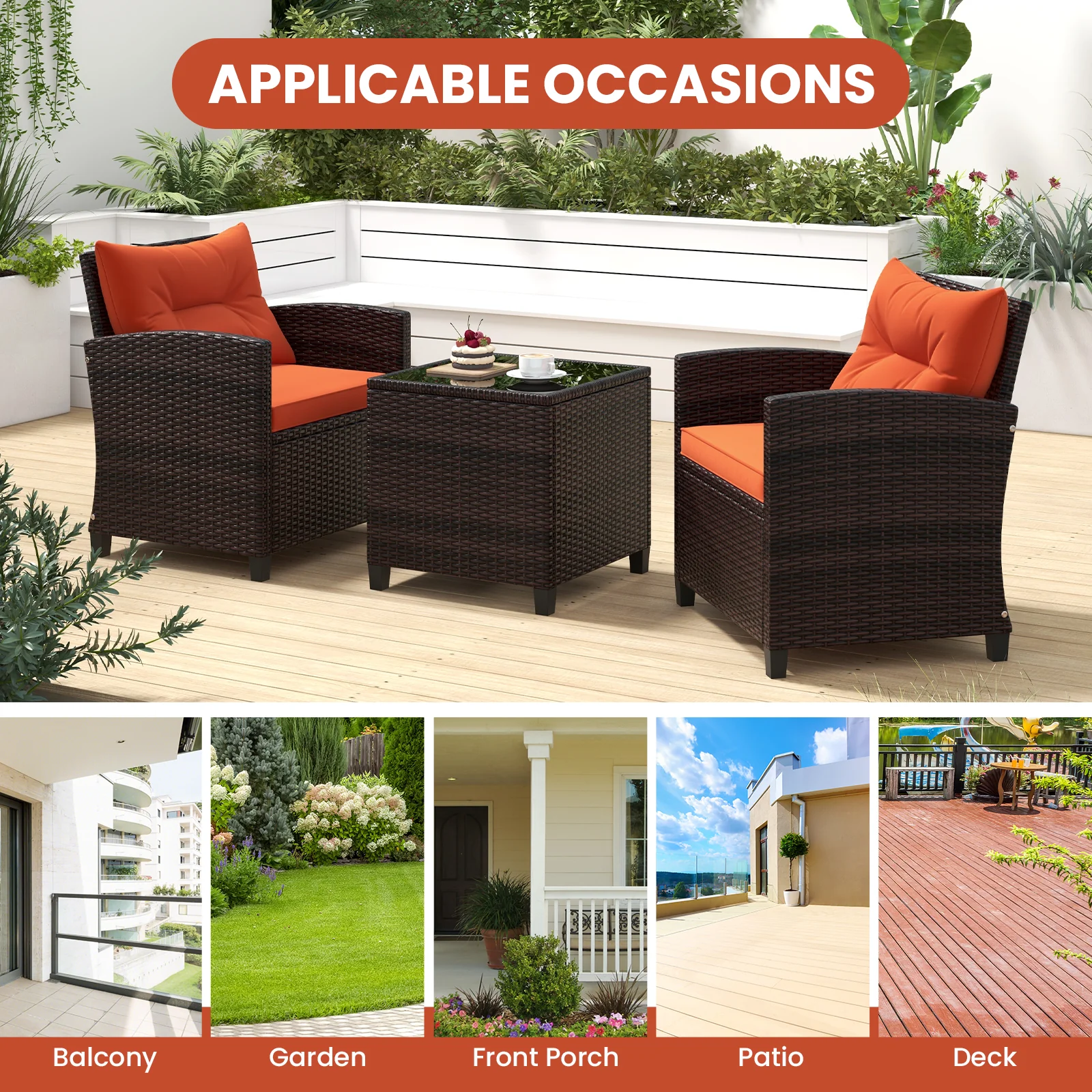 3 Piece Rattan Patio Furniture Set, Washable Cushion, Orange - Image 7