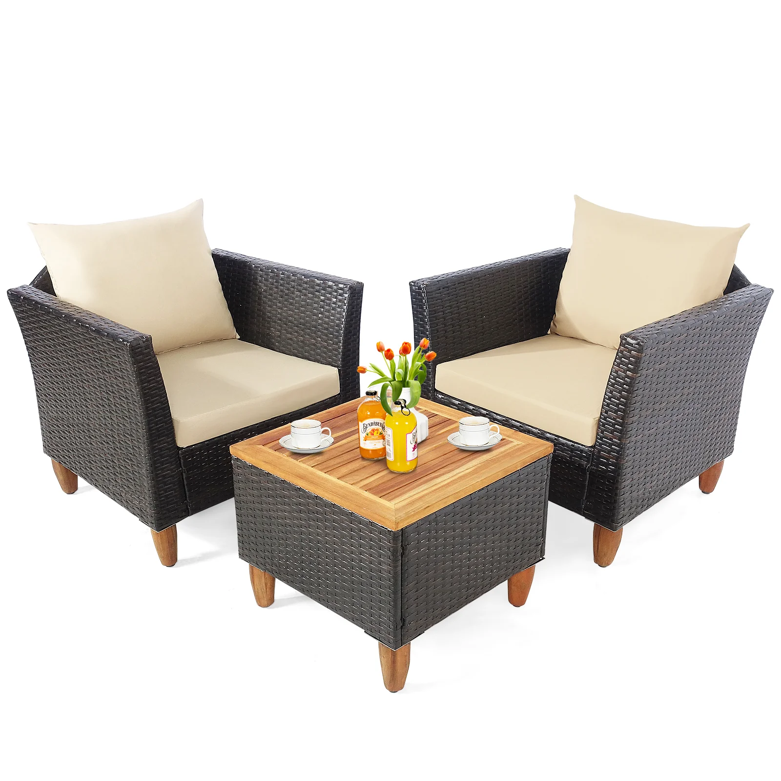 3-Piece Rattan Patio Set, Washable Cushion, Beige - Image 4