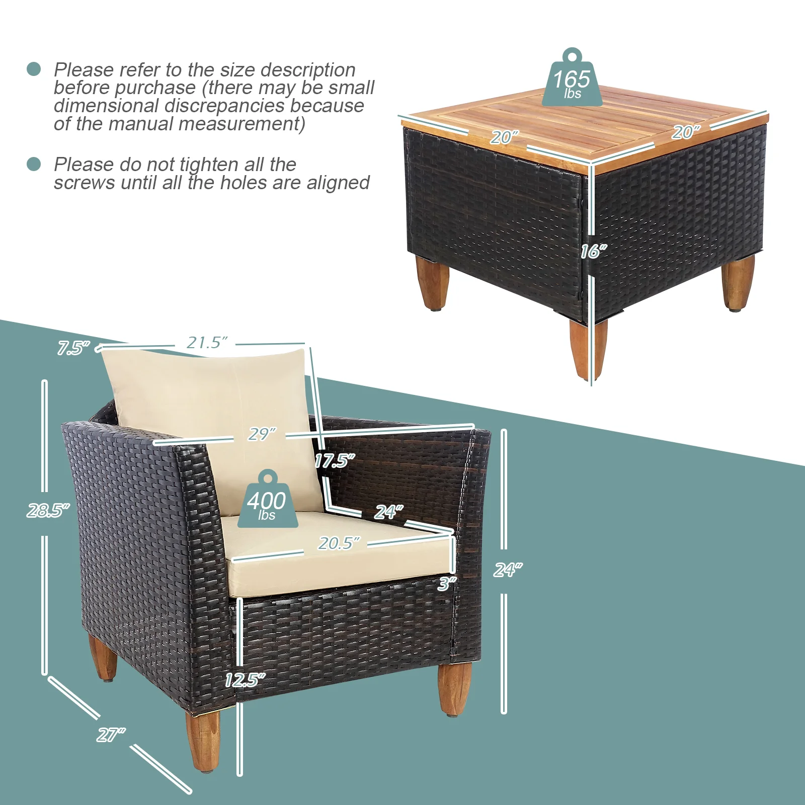 3-Piece Rattan Patio Set, Washable Cushion, Beige - Image 6
