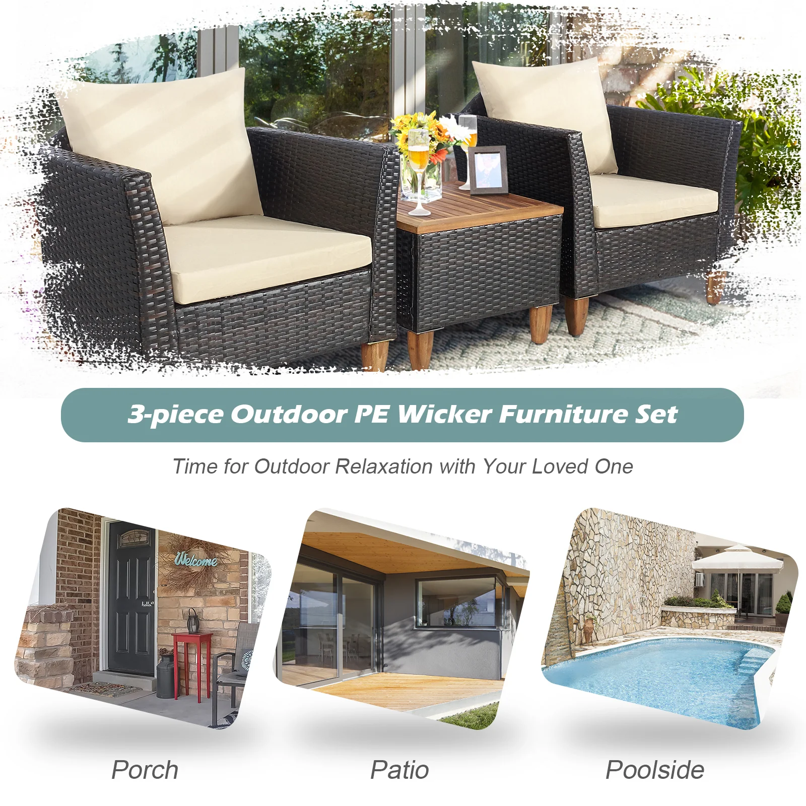 3-Piece Rattan Patio Set, Washable Cushion, Beige - Image 8