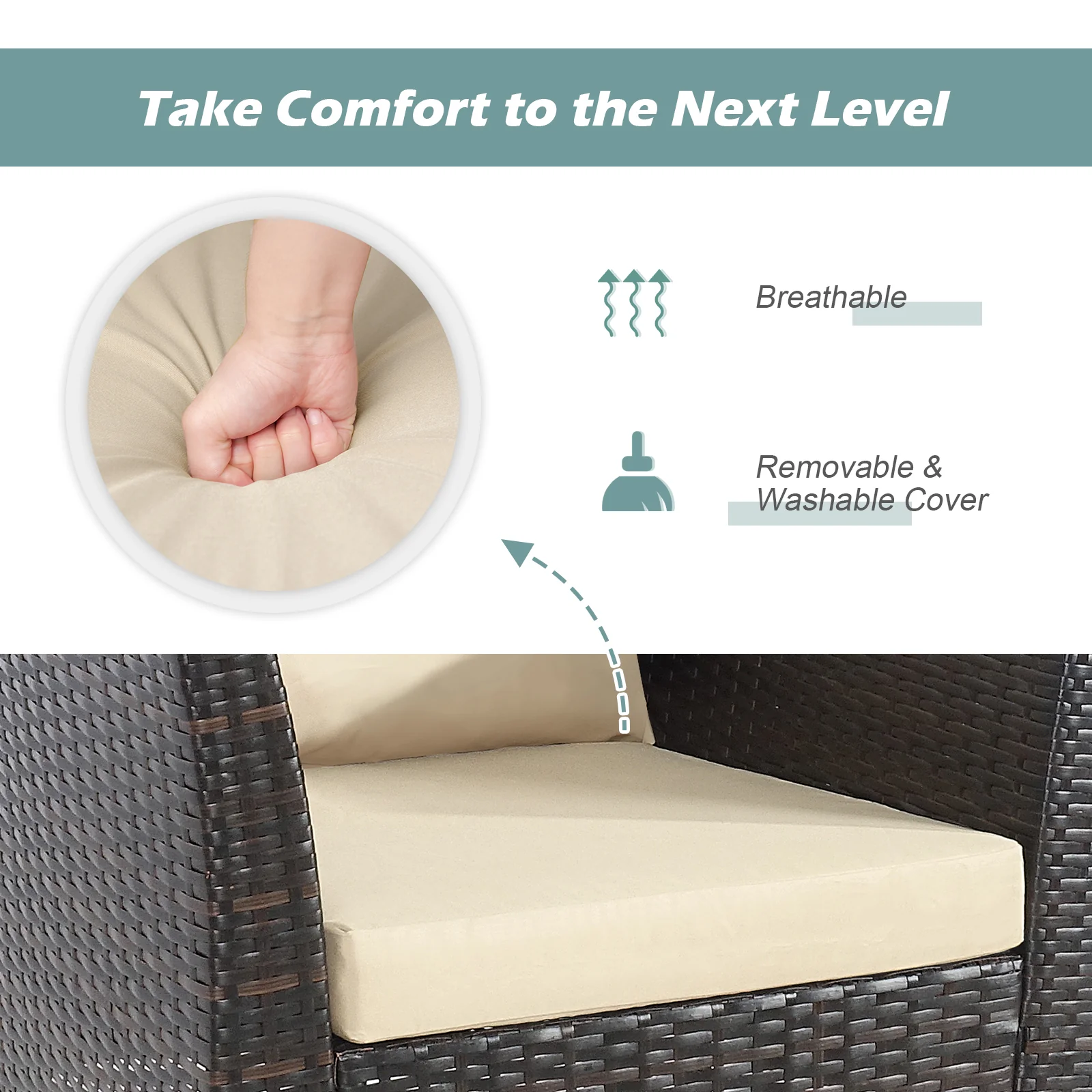 3-Piece Rattan Patio Set, Washable Cushion, Beige - Image 9
