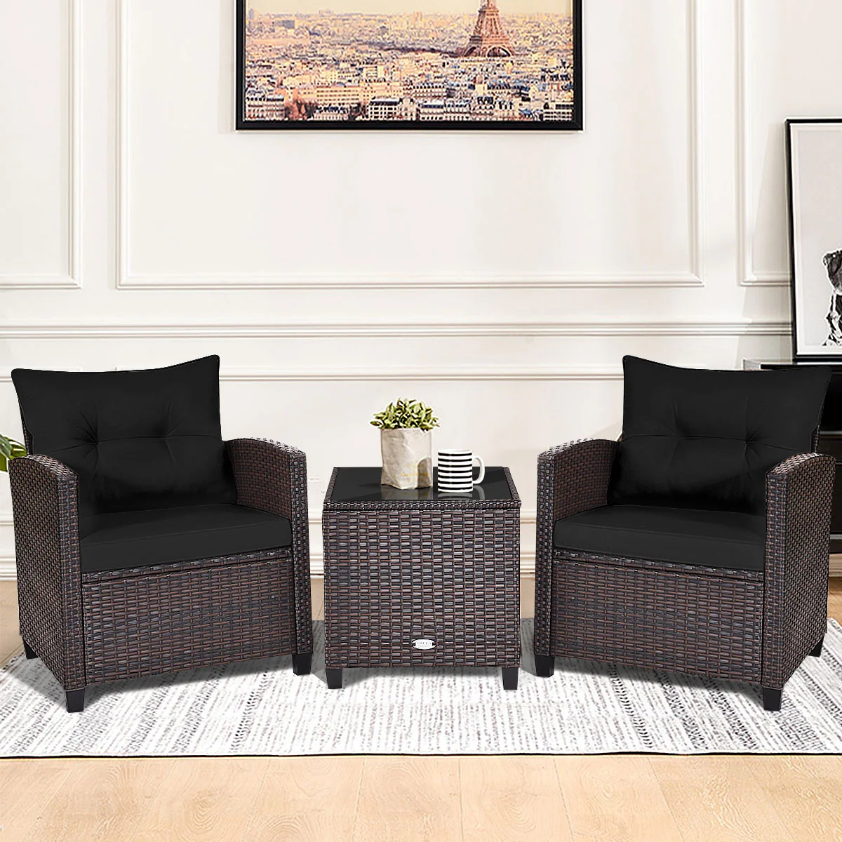 3 Piece Rattan Patio Set With Coffee Table, Black - Image 2
