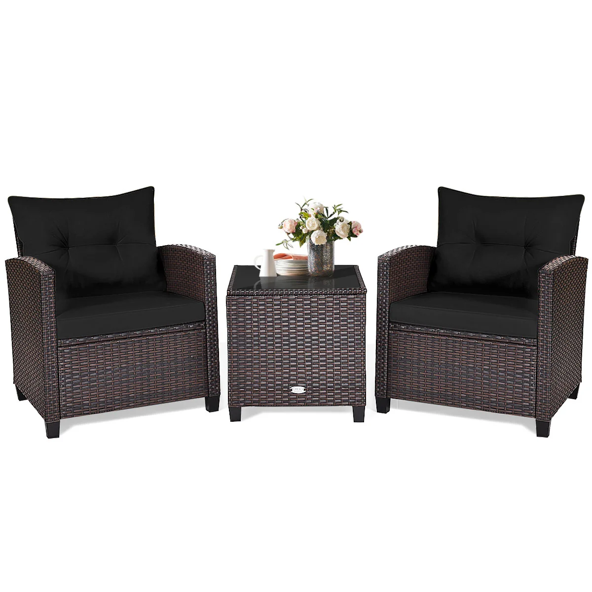 3 Piece Rattan Patio Set With Coffee Table, Black - Image 5