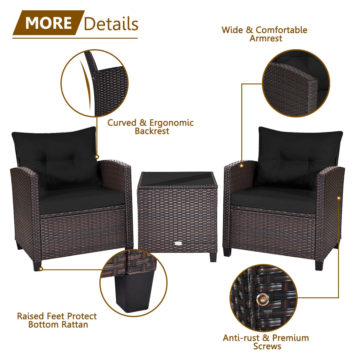 3 Piece Rattan Patio Set With Coffee Table, Black - Image 8