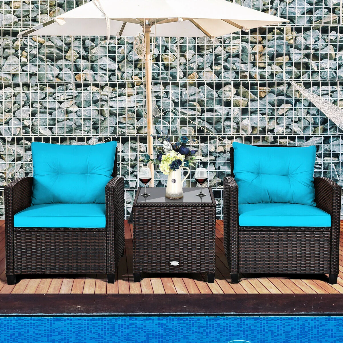 3-Piece Rattan Patio Set With Coffee Table, Turquoise - Image 2