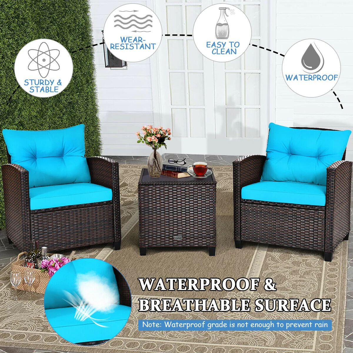 3-Piece Rattan Patio Set With Coffee Table, Turquoise - Image 7