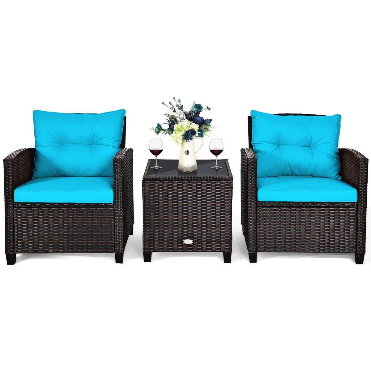3-Piece Rattan Patio Set With Coffee Table, Turquoise - Image 9