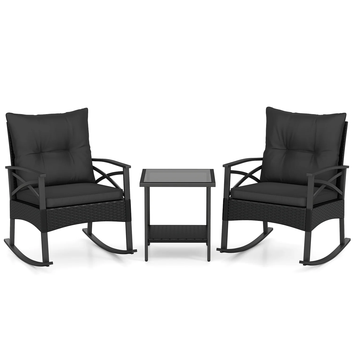 3-Piece Rattan Rocking Chair Set With 2-Tier Side Table, Black - Image 5