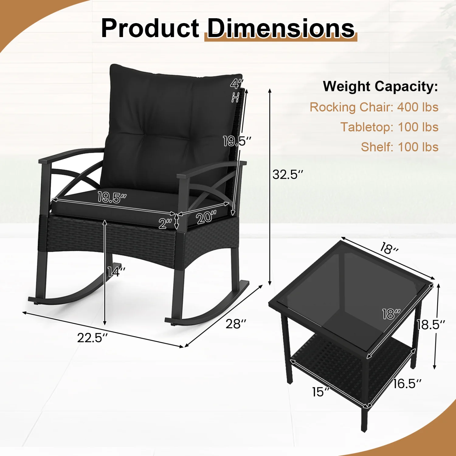 3-Piece Rattan Rocking Chair Set With 2-Tier Side Table, Black - Image 6