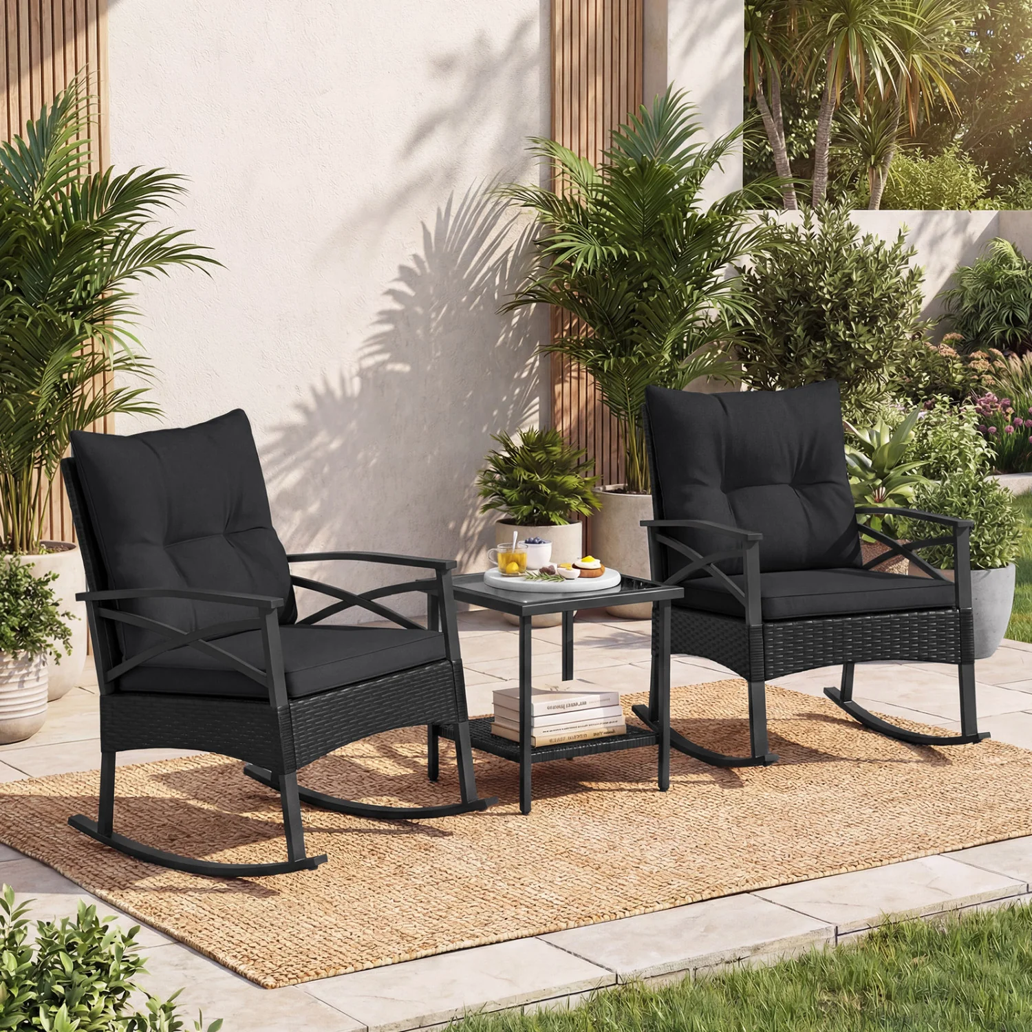 3-Piece Rattan Rocking Chair Set With 2-Tier Side Table, Black - Image 7