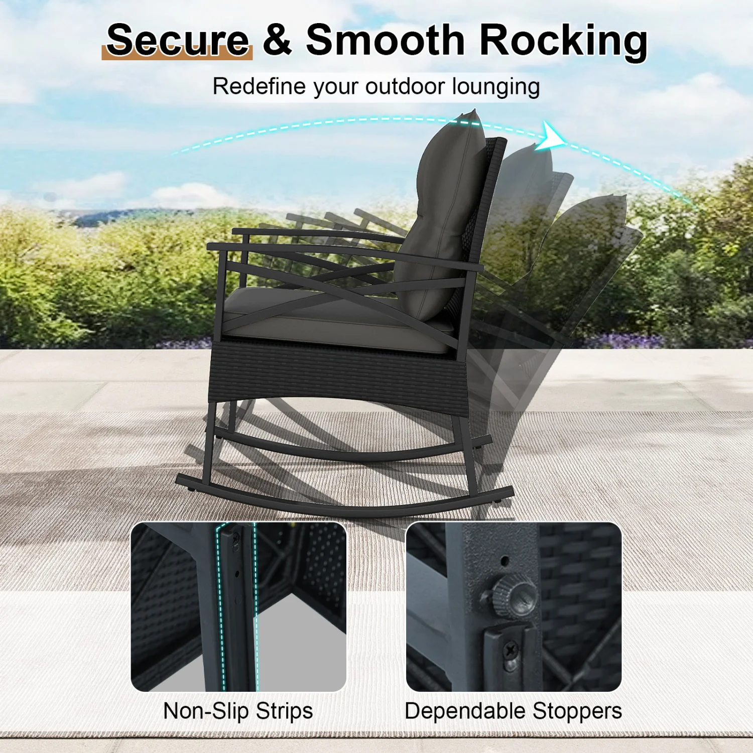 3-Piece Rattan Rocking Chair Set With 2-Tier Side Table, Black - Image 9