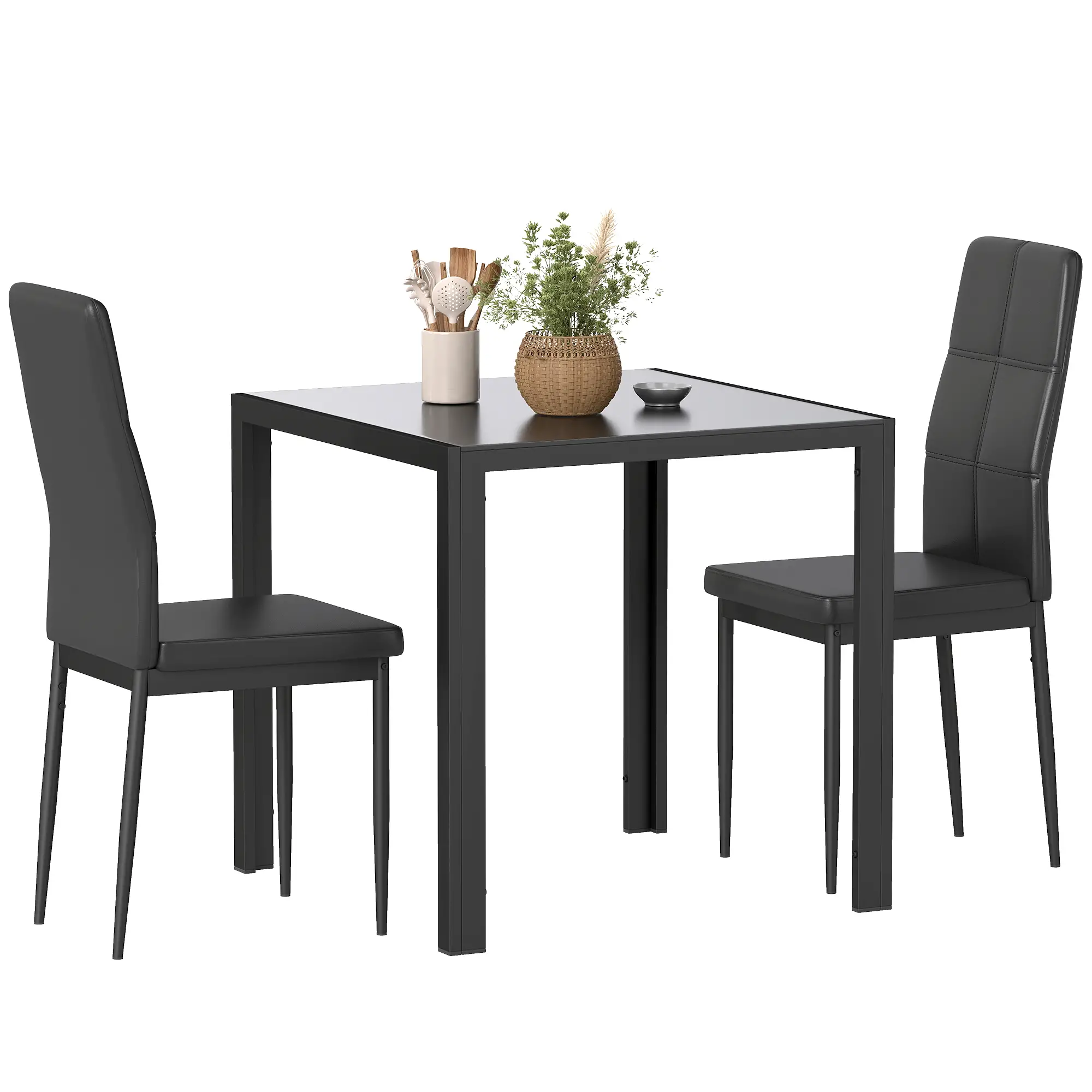 3-Piece Rectangular Glass Dining Table, Metal Frame, Faux Leather Chairs, Black - Image 11