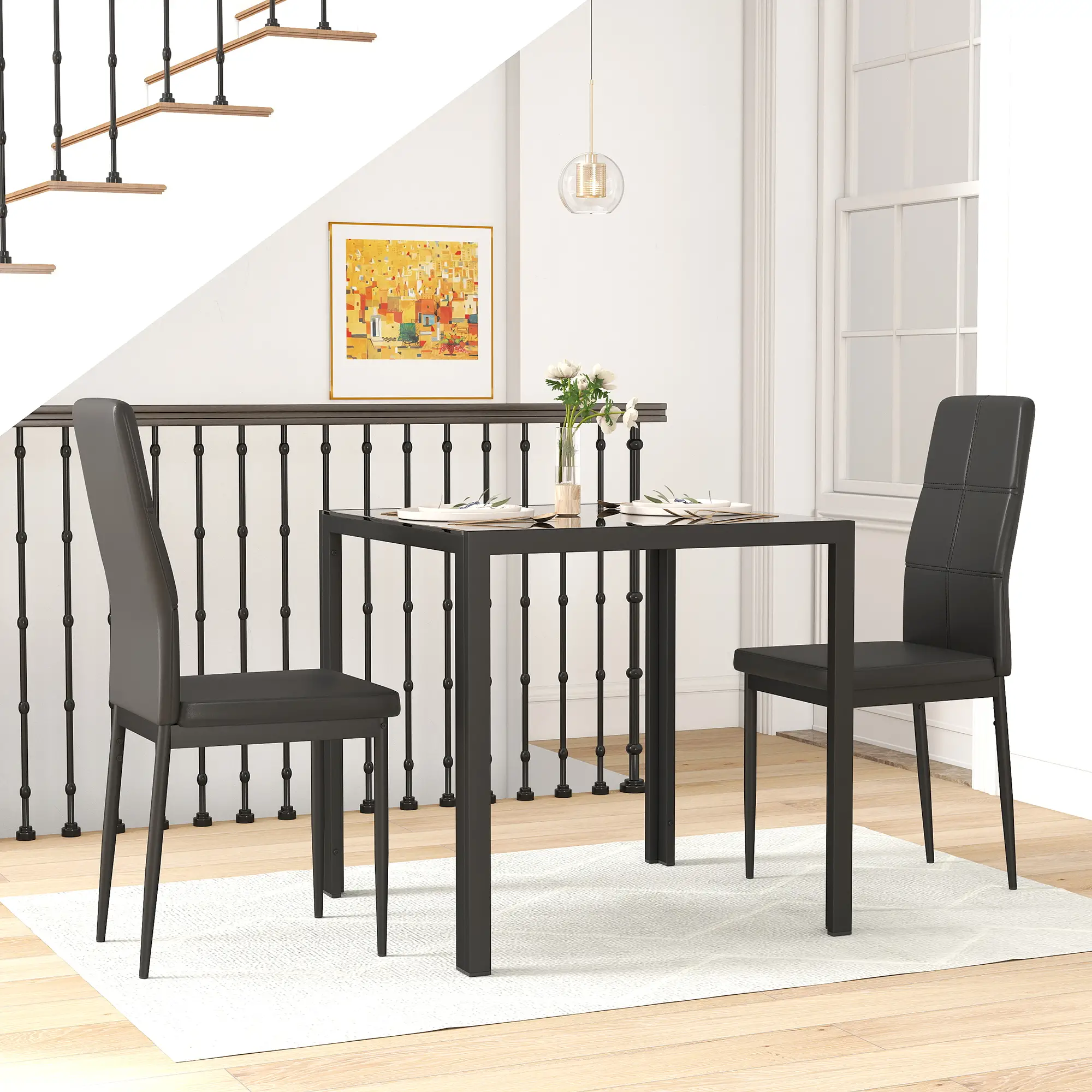 3-Piece Rectangular Glass Dining Table, Metal Frame, Faux Leather Chairs, Black - Image 2
