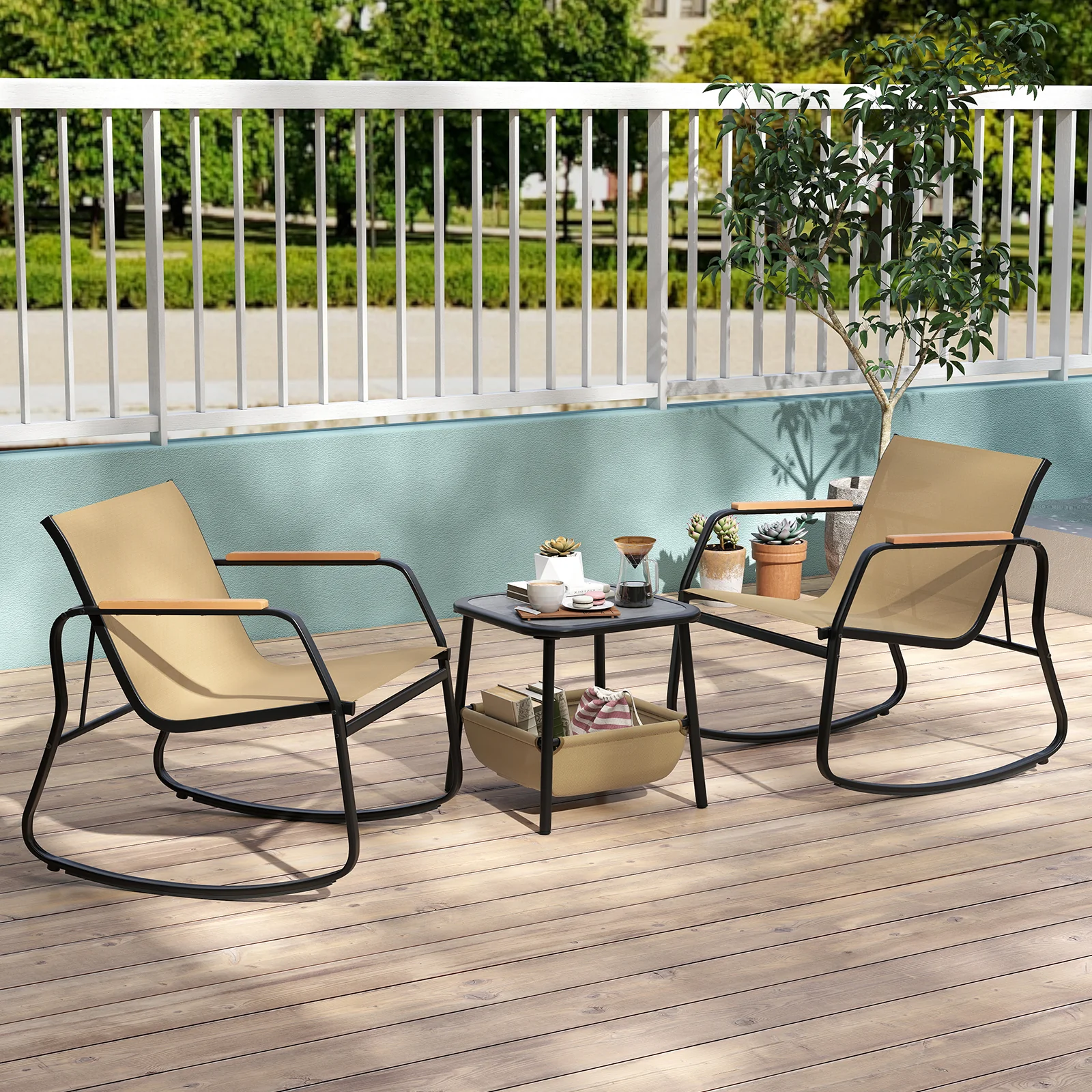 3 Piece Rocking Bistro Chairs, Side Table Set, Storage Bag, Brown - Image 2