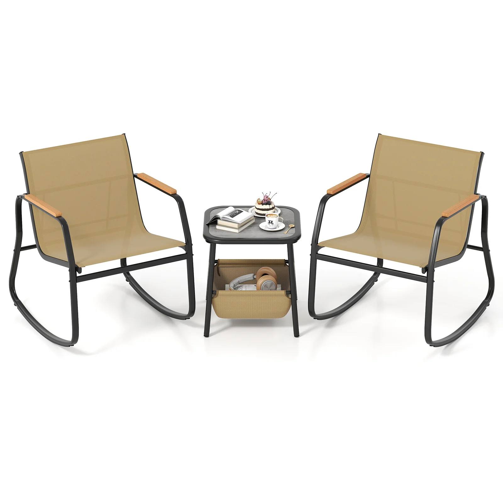 3 Piece Rocking Bistro Chairs, Side Table Set, Storage Bag, Brown - Image 4