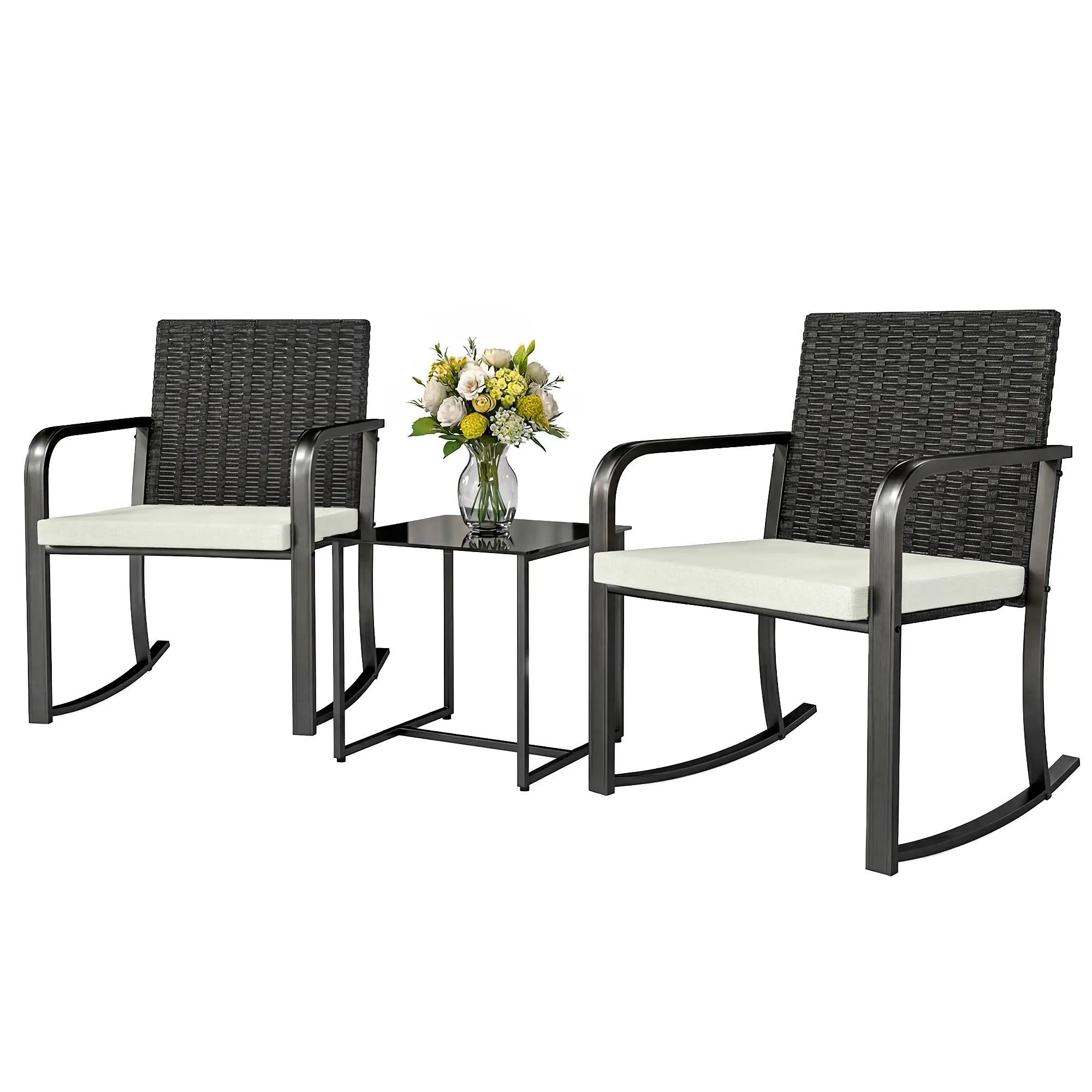 3 Piece Rocking Bistro Set, Glass Coffee Table, Cream White