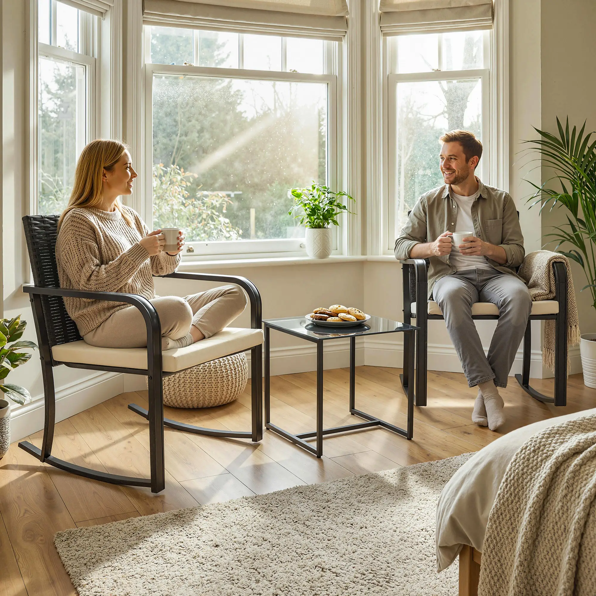 3 Piece Rocking Bistro Set, Glass Coffee Table, Cream White - Image 10