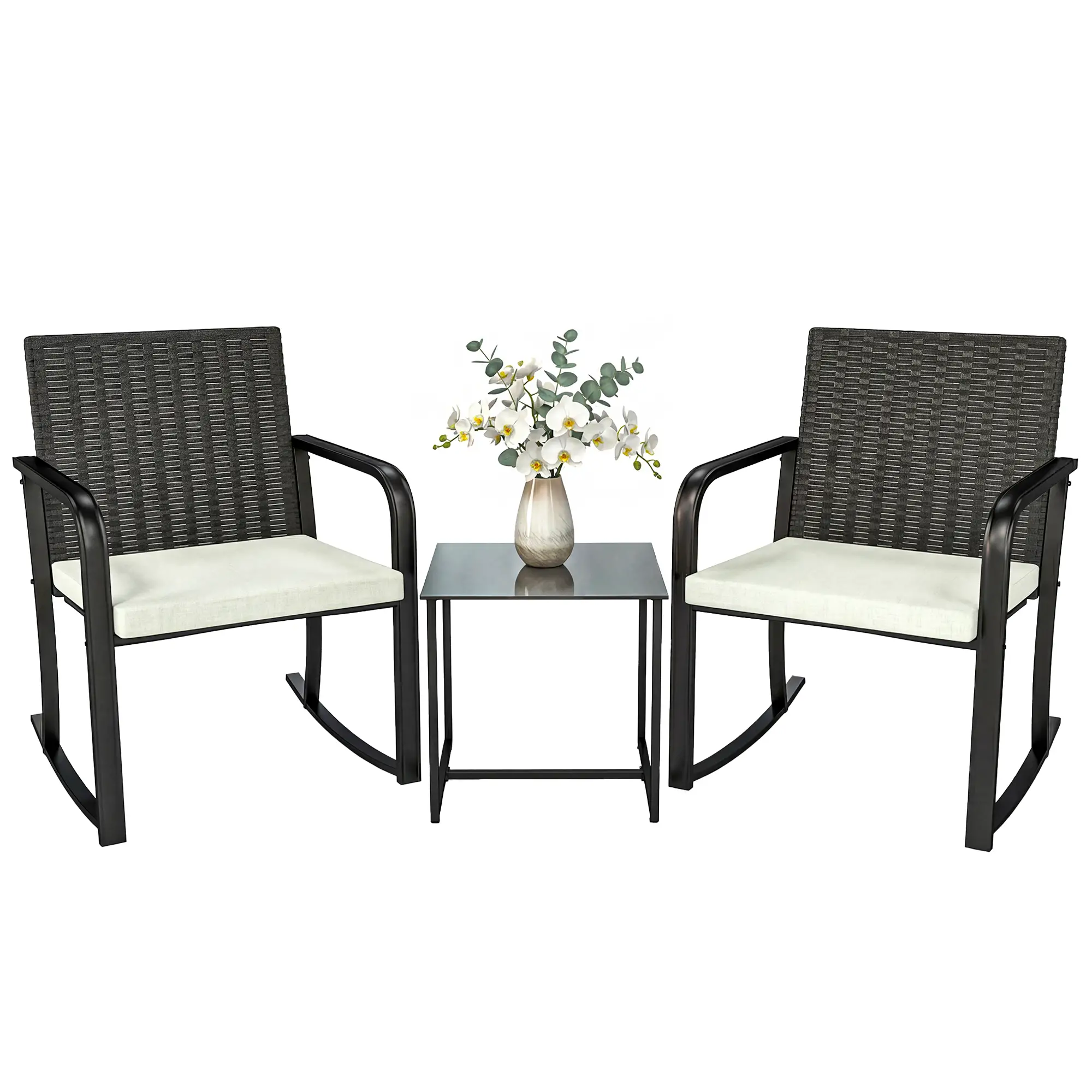 3 Piece Rocking Bistro Set, Glass Coffee Table, Cream White - Image 11